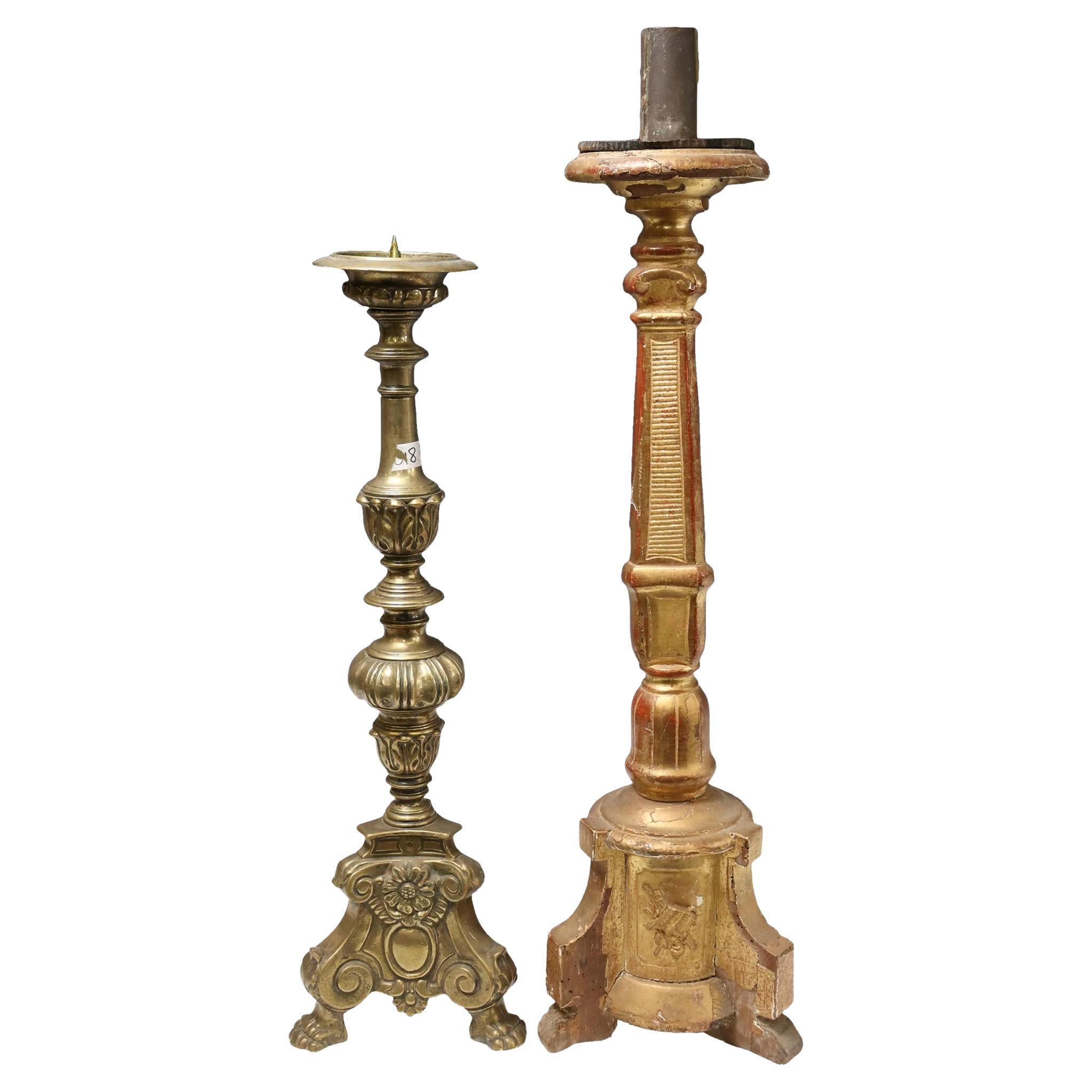 Antique Bronze & Giltwood Church Altar Candlesticks For Sale