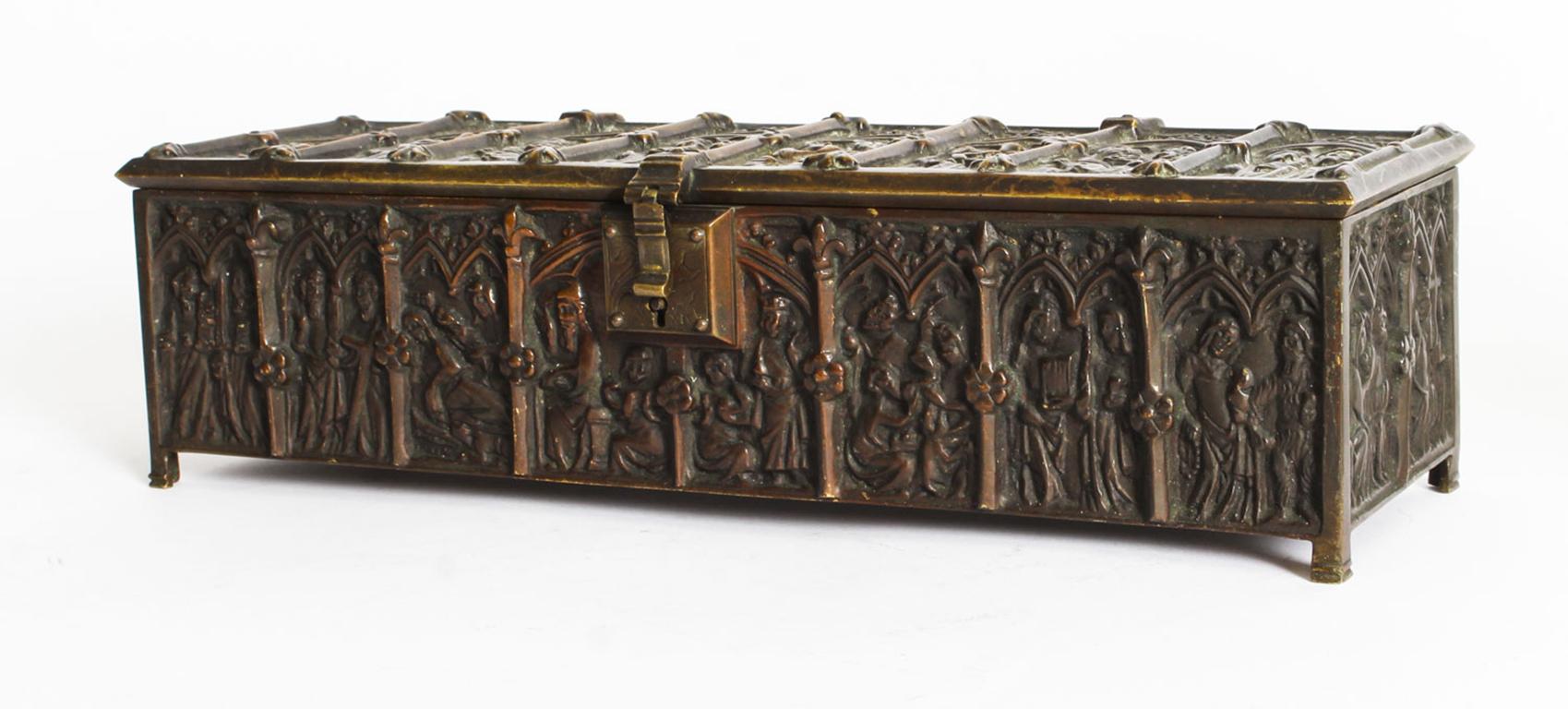 Antique Bronze Gothic Revival Jewellery Box Casket, 19th Century 9