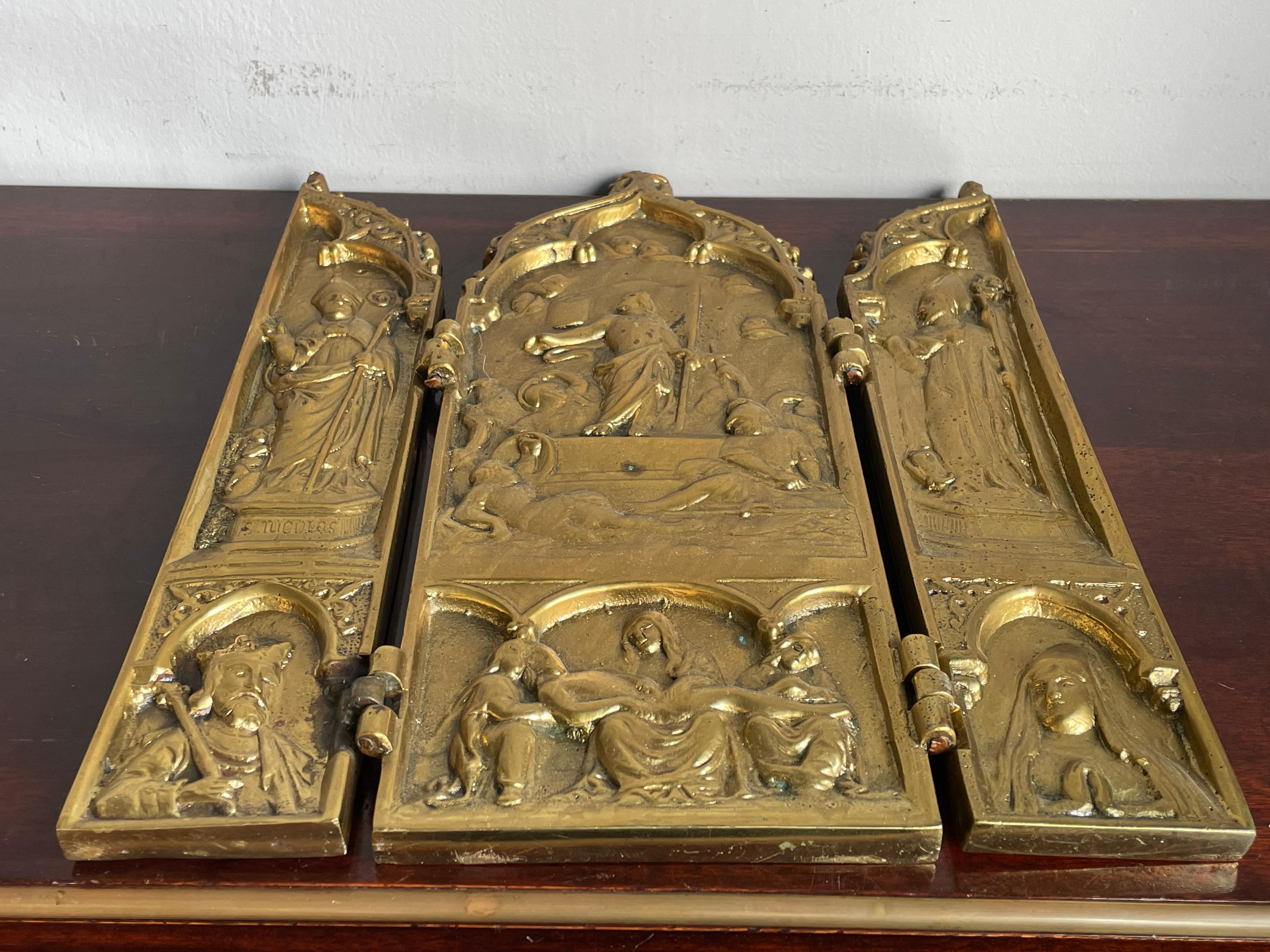Antiguo Bronce Gótico Renacimiento Religioso Tríptico Hogar Santuario Resurrección Jesús 4