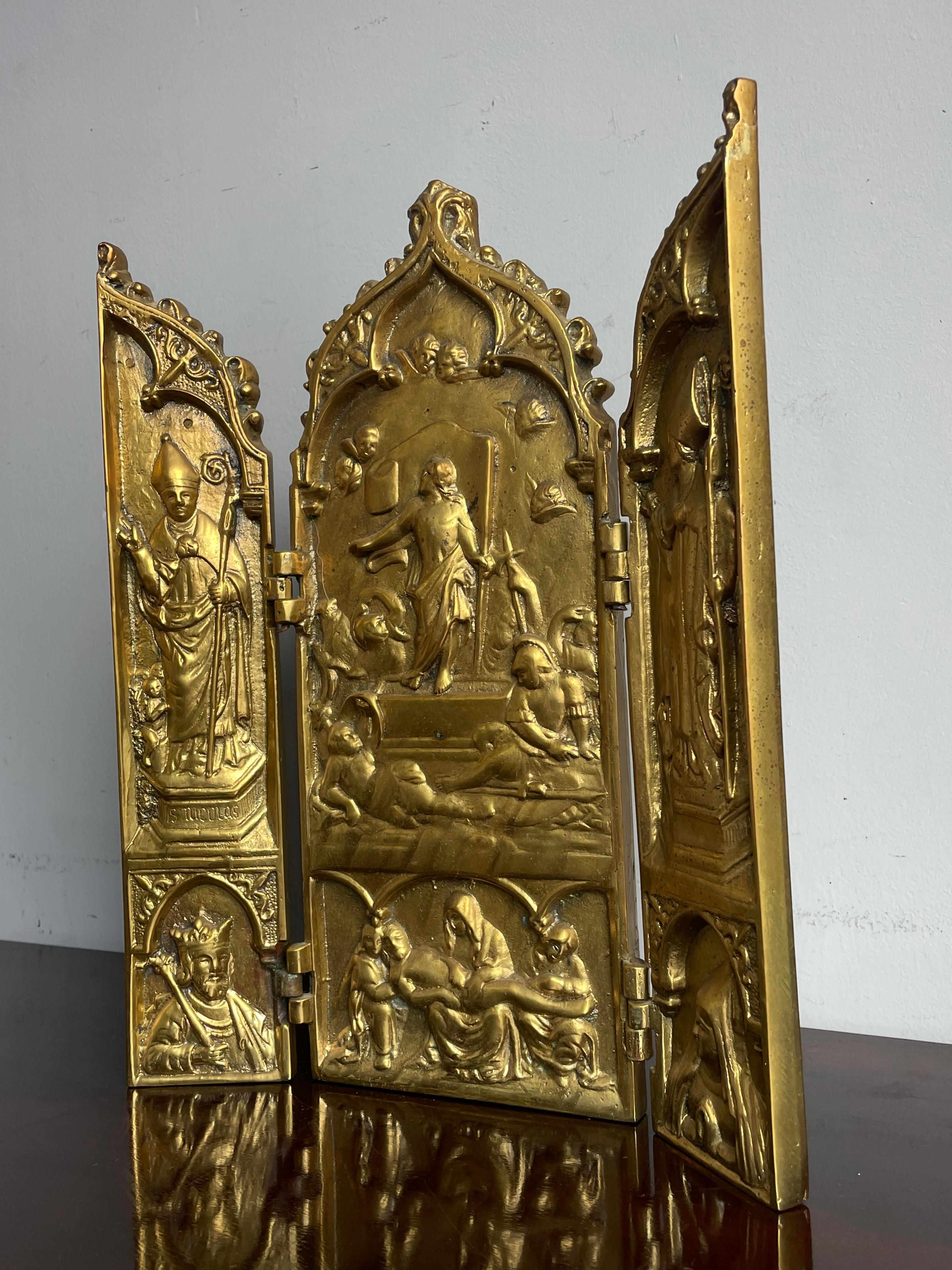 Antiguo Bronce Gótico Renacimiento Religioso Tríptico Hogar Santuario Resurrección Jesús 5