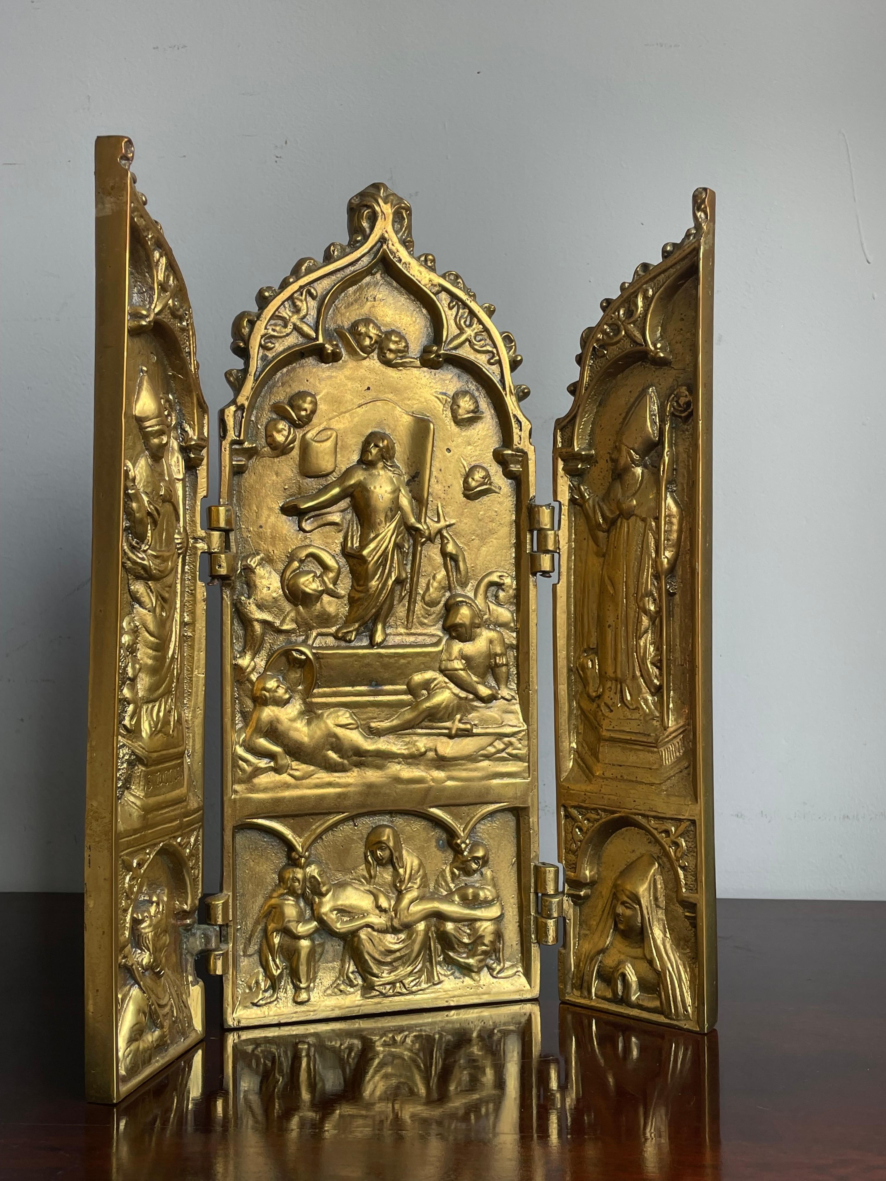 Antiguo Bronce Gótico Renacimiento Religioso Tríptico Hogar Santuario Resurrección Jesús 6