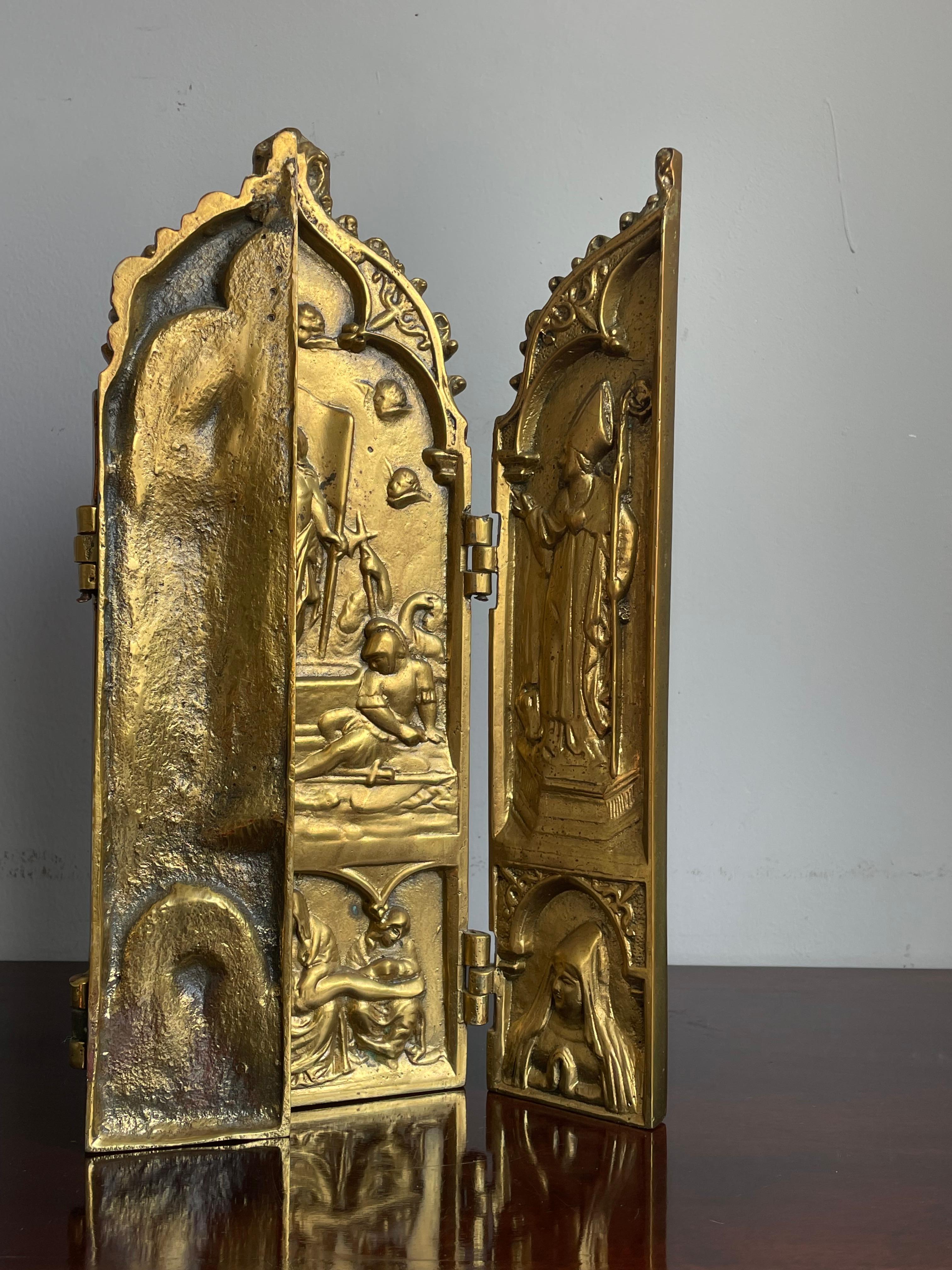 Antiguo Bronce Gótico Renacimiento Religioso Tríptico Hogar Santuario Resurrección Jesús 7