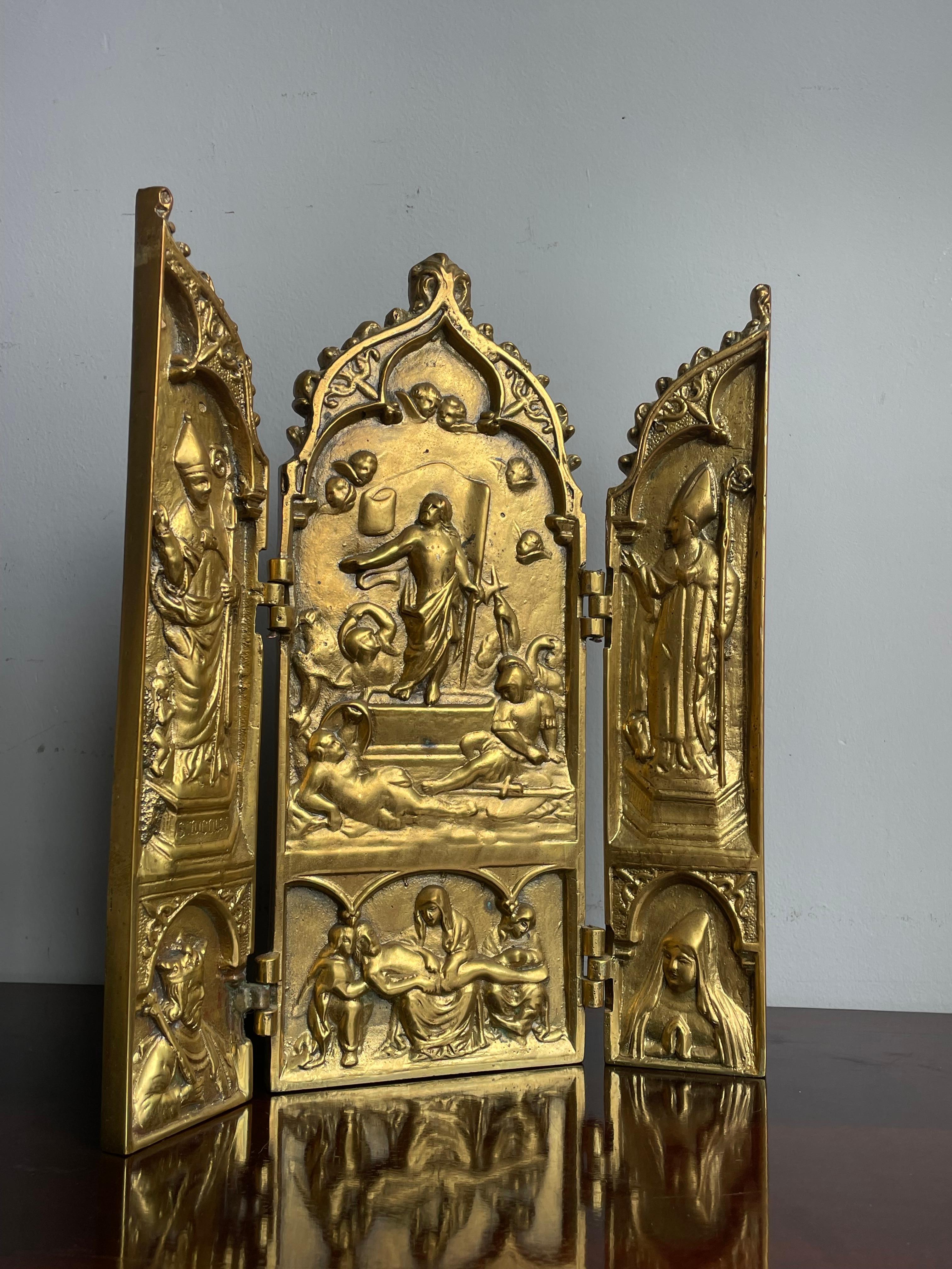 Antiguo Bronce Gótico Renacimiento Religioso Tríptico Hogar Santuario Resurrección Jesús 11
