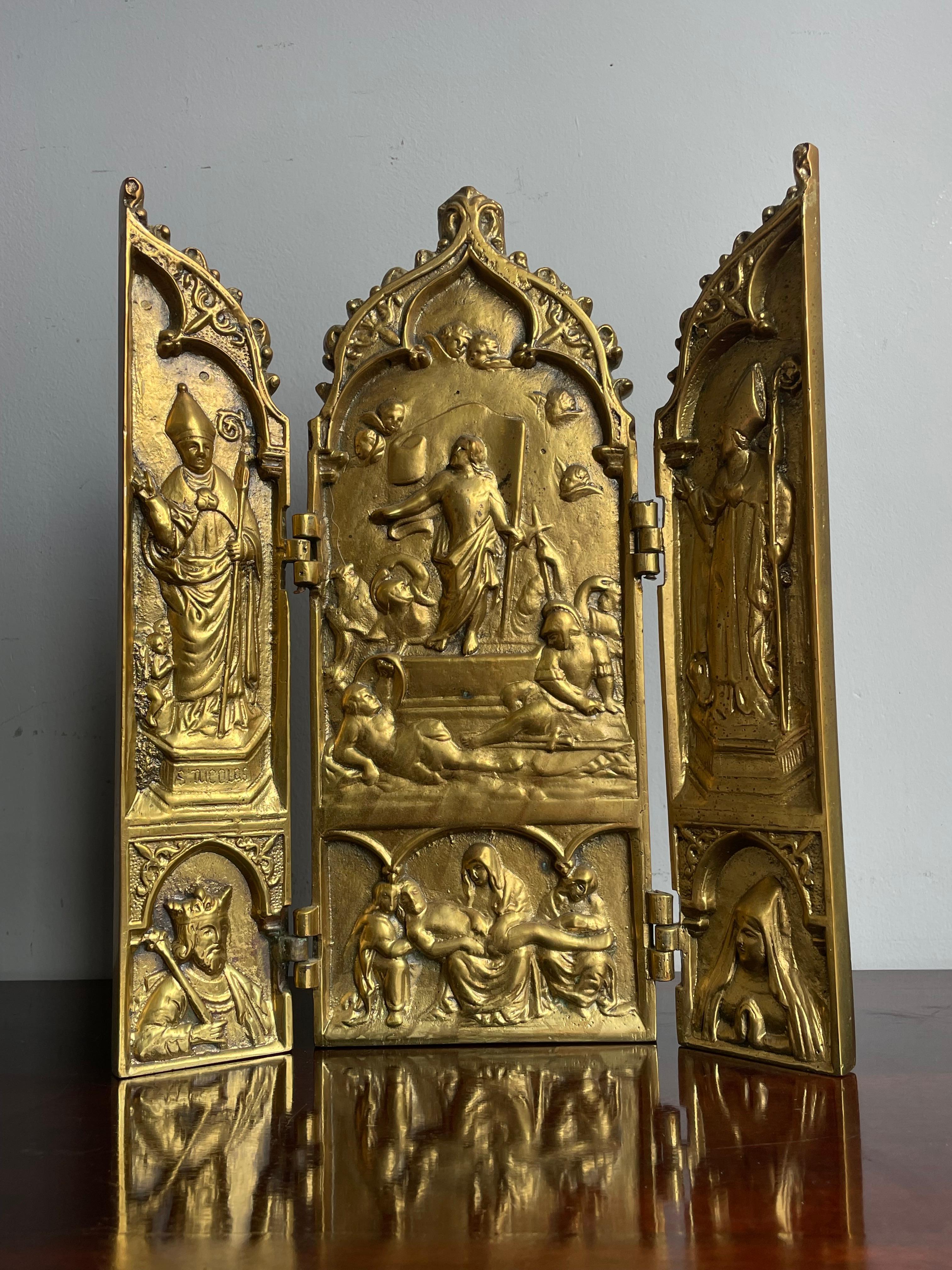 Antiguo Bronce Gótico Renacimiento Religioso Tríptico Hogar Santuario Resurrección Jesús 12