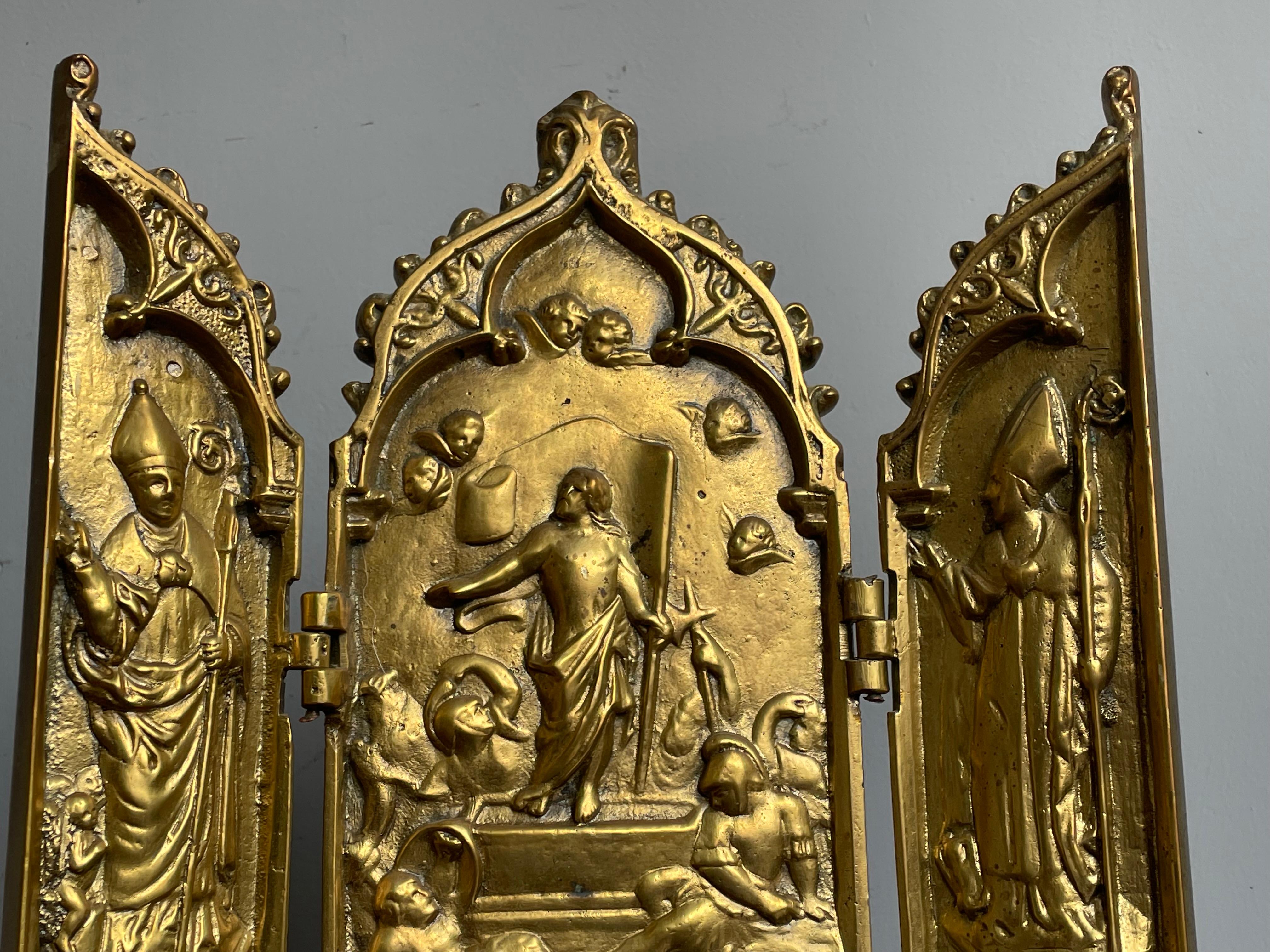 Antiguo Bronce Gótico Renacimiento Religioso Tríptico Hogar Santuario Resurrección Jesús Europeo