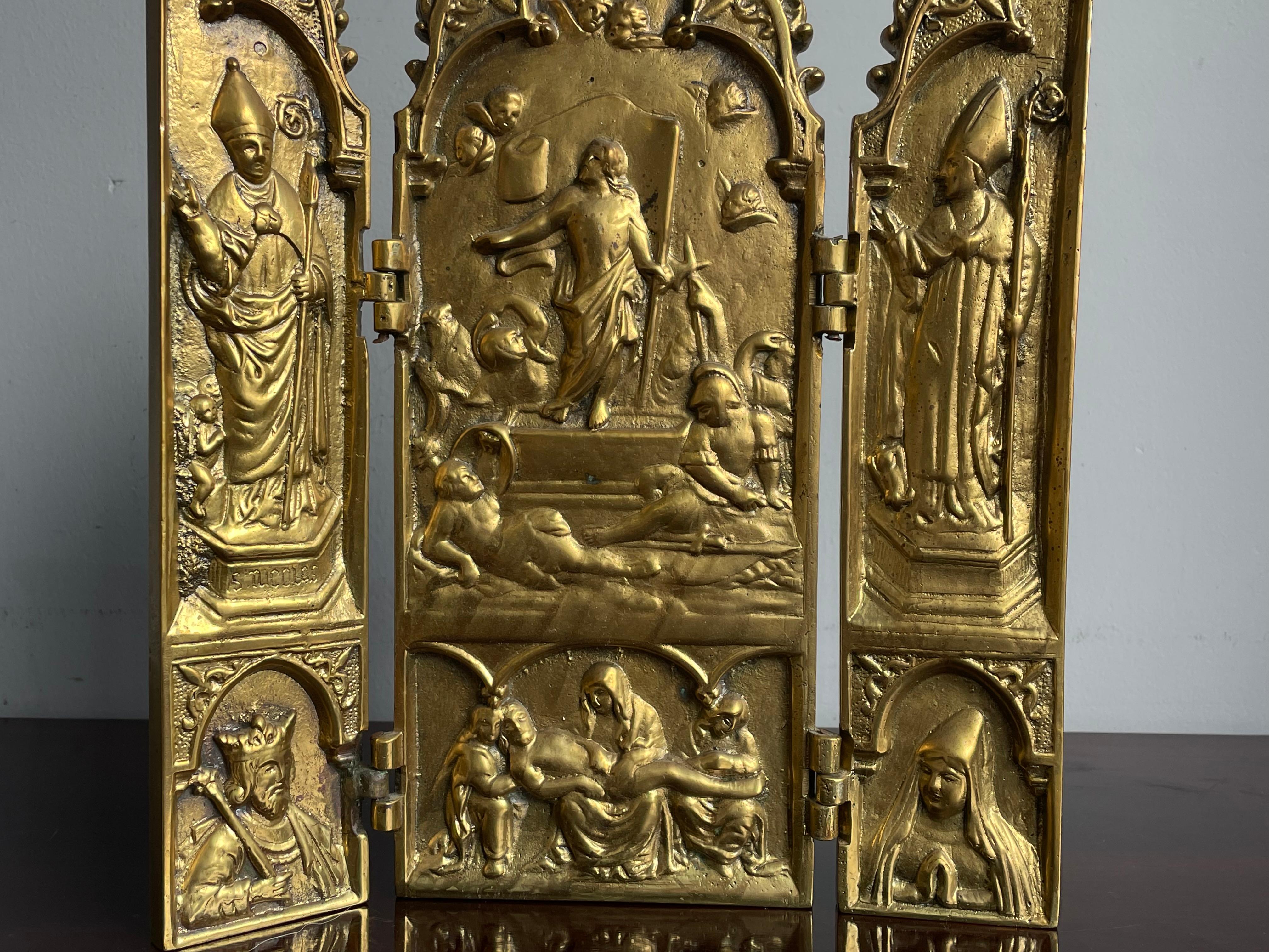 Antiguo Bronce Gótico Renacimiento Religioso Tríptico Hogar Santuario Resurrección Jesús en Excelente Estado en Lisse, NL