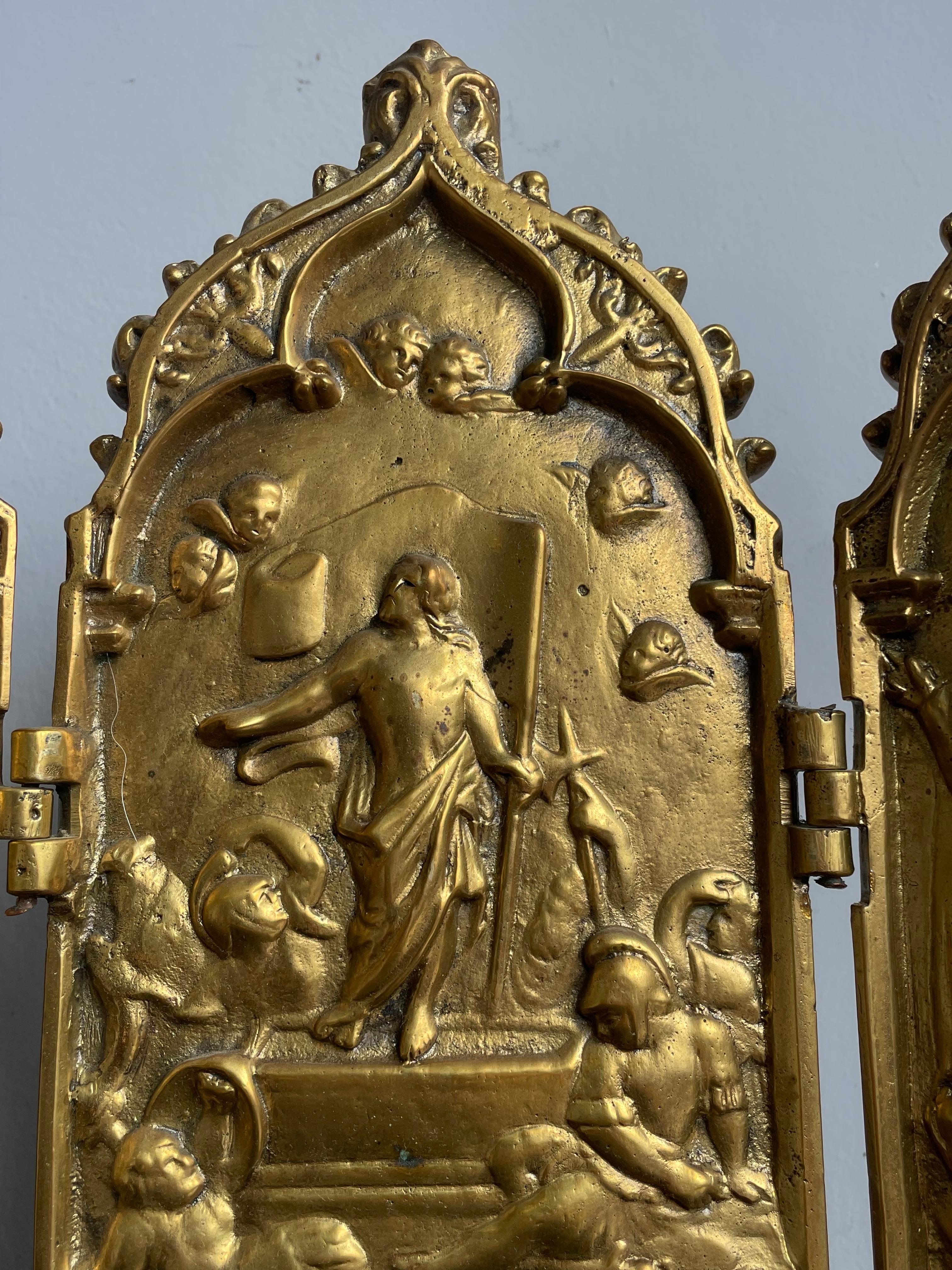 Antiguo Bronce Gótico Renacimiento Religioso Tríptico Hogar Santuario Resurrección Jesús 1