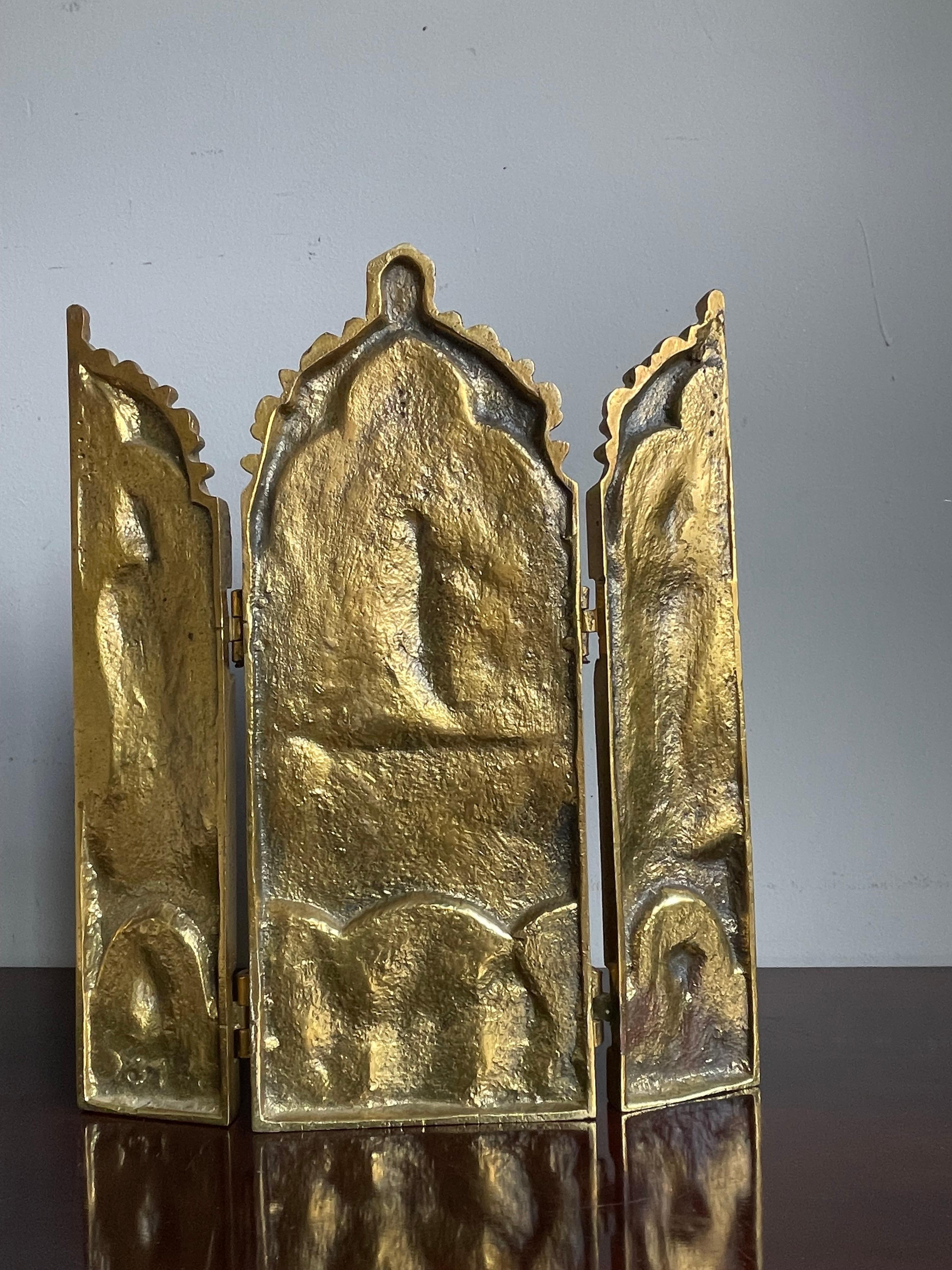 Antiguo Bronce Gótico Renacimiento Religioso Tríptico Hogar Santuario Resurrección Jesús 2