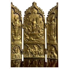 Antiguo Bronce Gótico Renacimiento Religioso Tríptico Hogar Santuario Resurrección Jesús