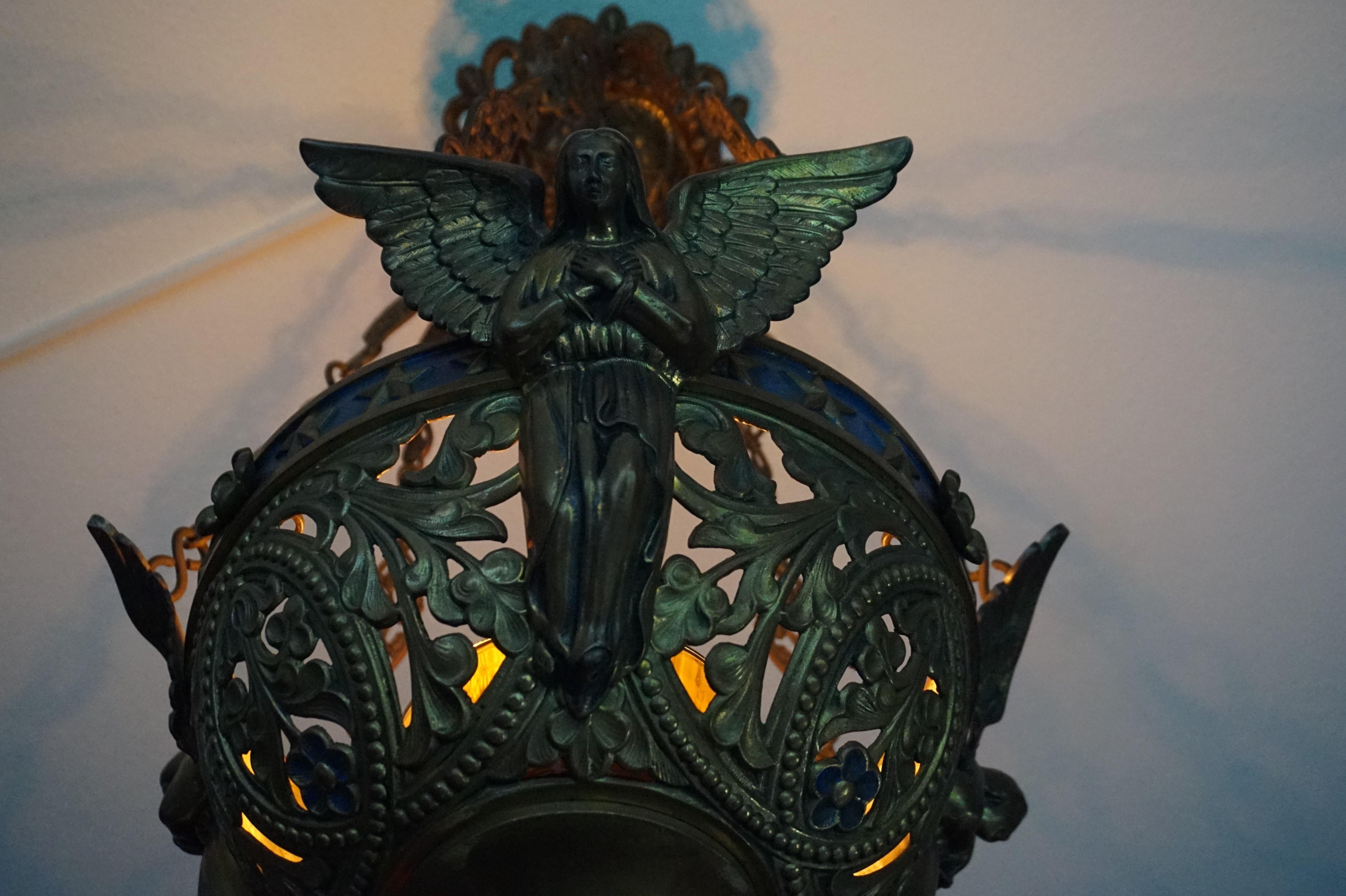 Antique Bronze Gothic Sanctuary Lamp / Church Candle Pendant w. Angel Sculptures 5