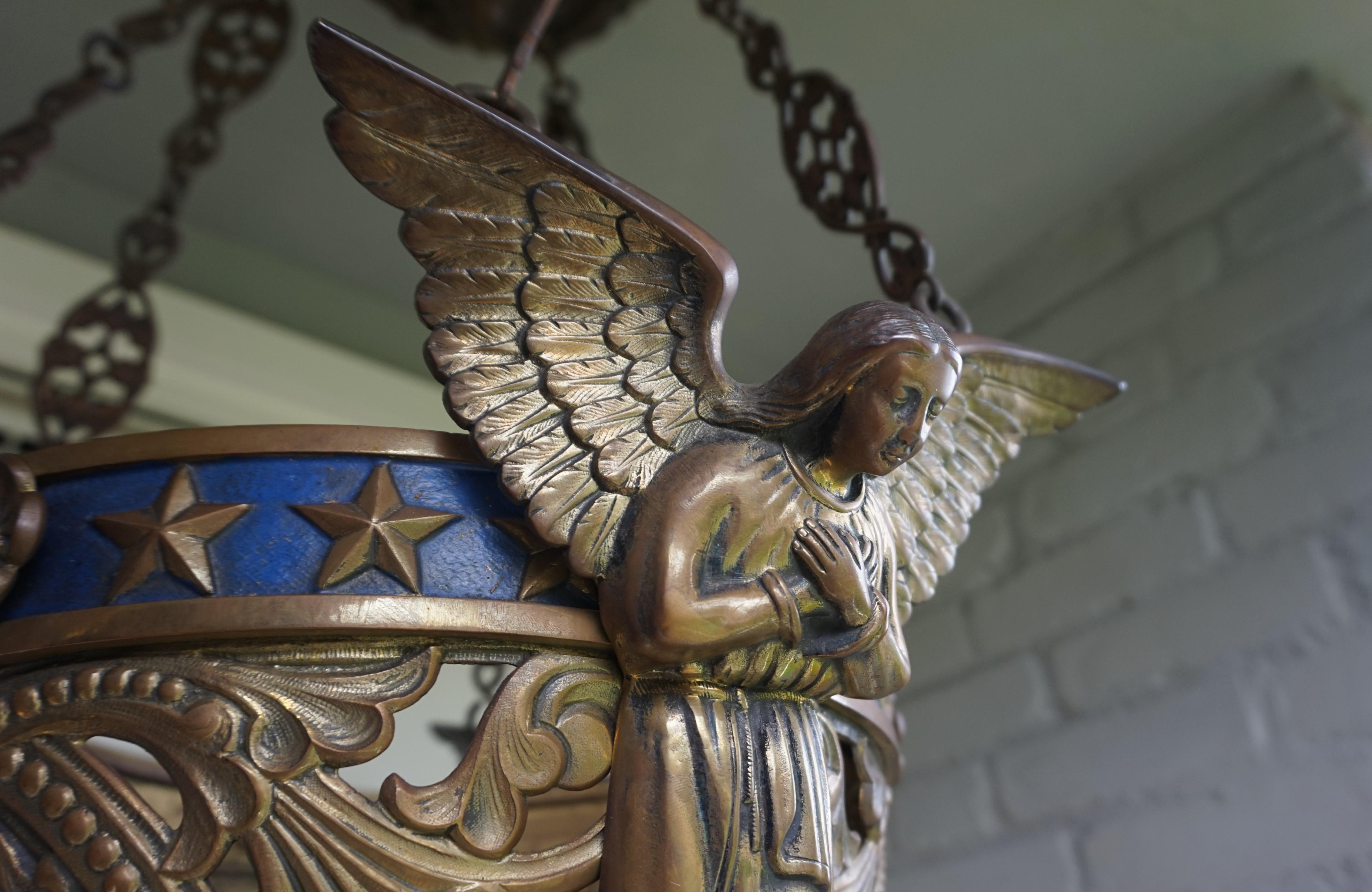 Antique Bronze Gothic Sanctuary Lamp / Church Candle Pendant w. Angel Sculptures 6