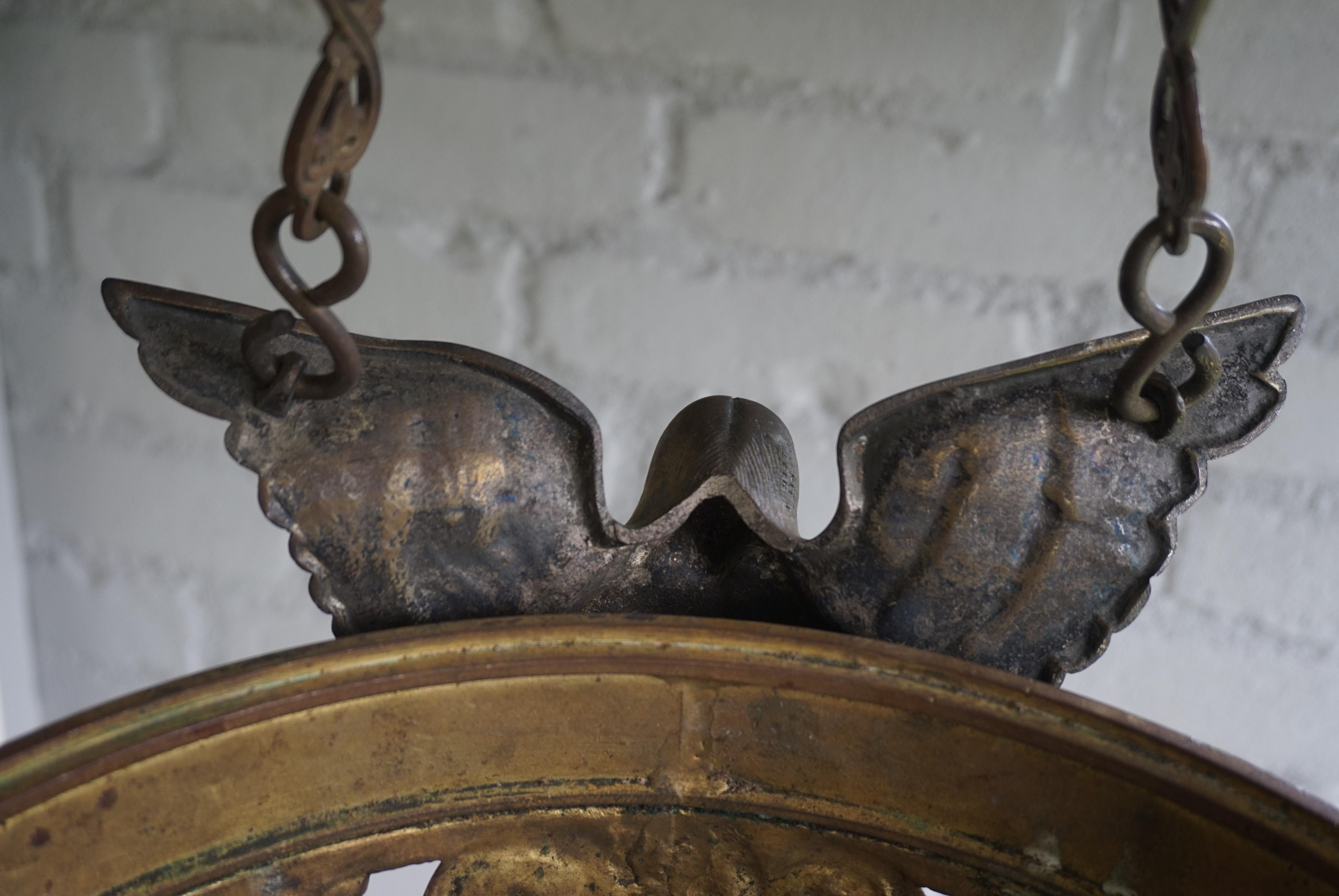 Antique Bronze Gothic Sanctuary Lamp / Church Candle Pendant w. Angel Sculptures 7