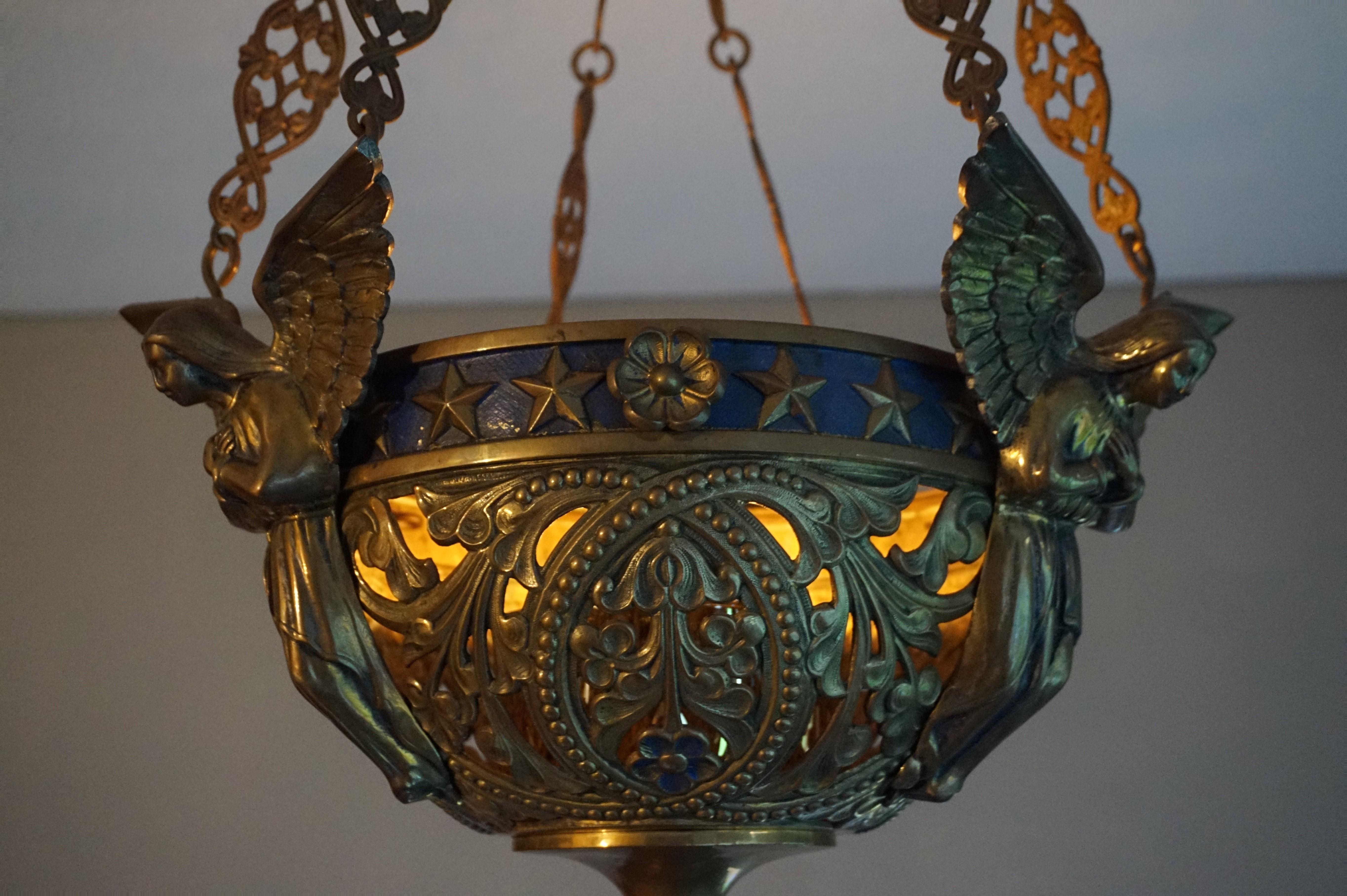 Antique Bronze Gothic Sanctuary Lamp / Church Candle Pendant w. Angel Sculptures 10