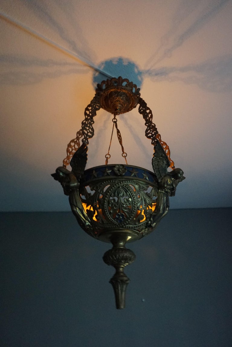 Antique Bronze Gothic Sanctuary Lamp / Church Candle Pendant w. Angel Sculptures 12