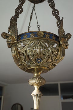 Antique Bronze Gothic Sanctuary Lamp / Church Candle Pendant w. Angel Sculptures