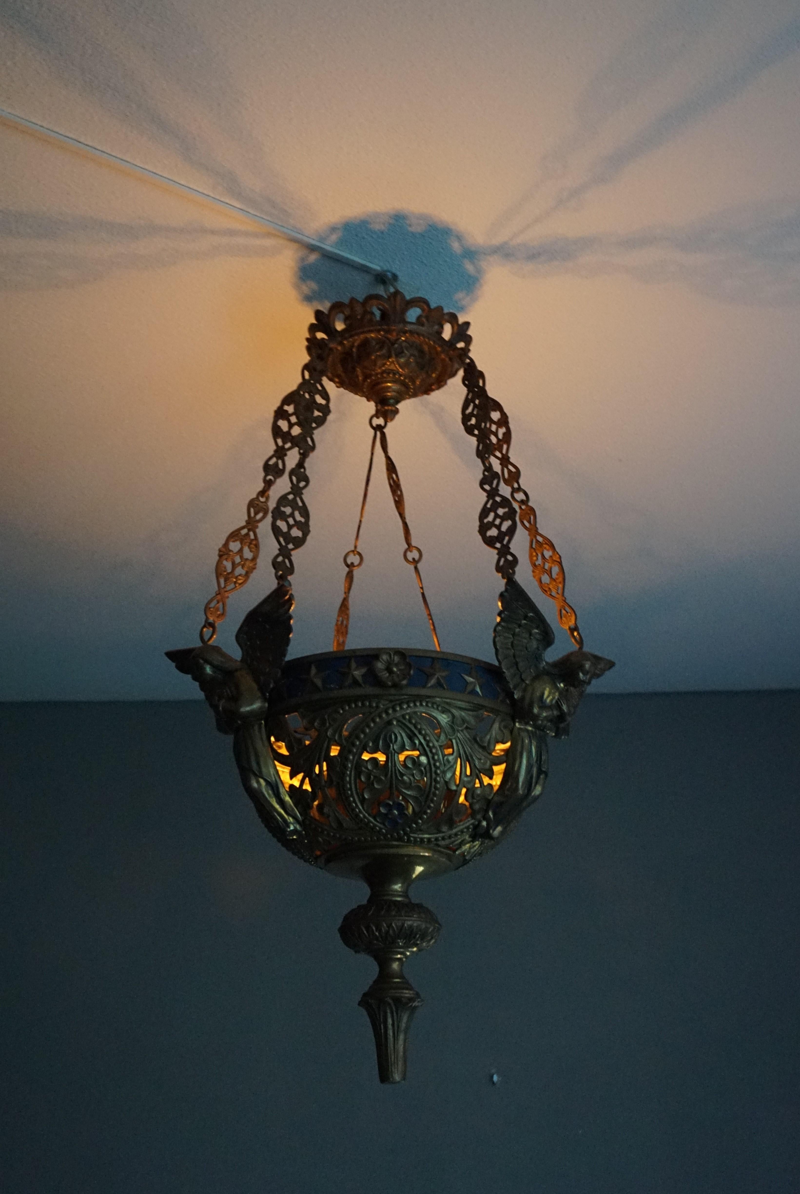 Gothic Revival Antique Bronze Gothic Sanctuary Lamp / Church Candle Pendant w. Angel Sculptures