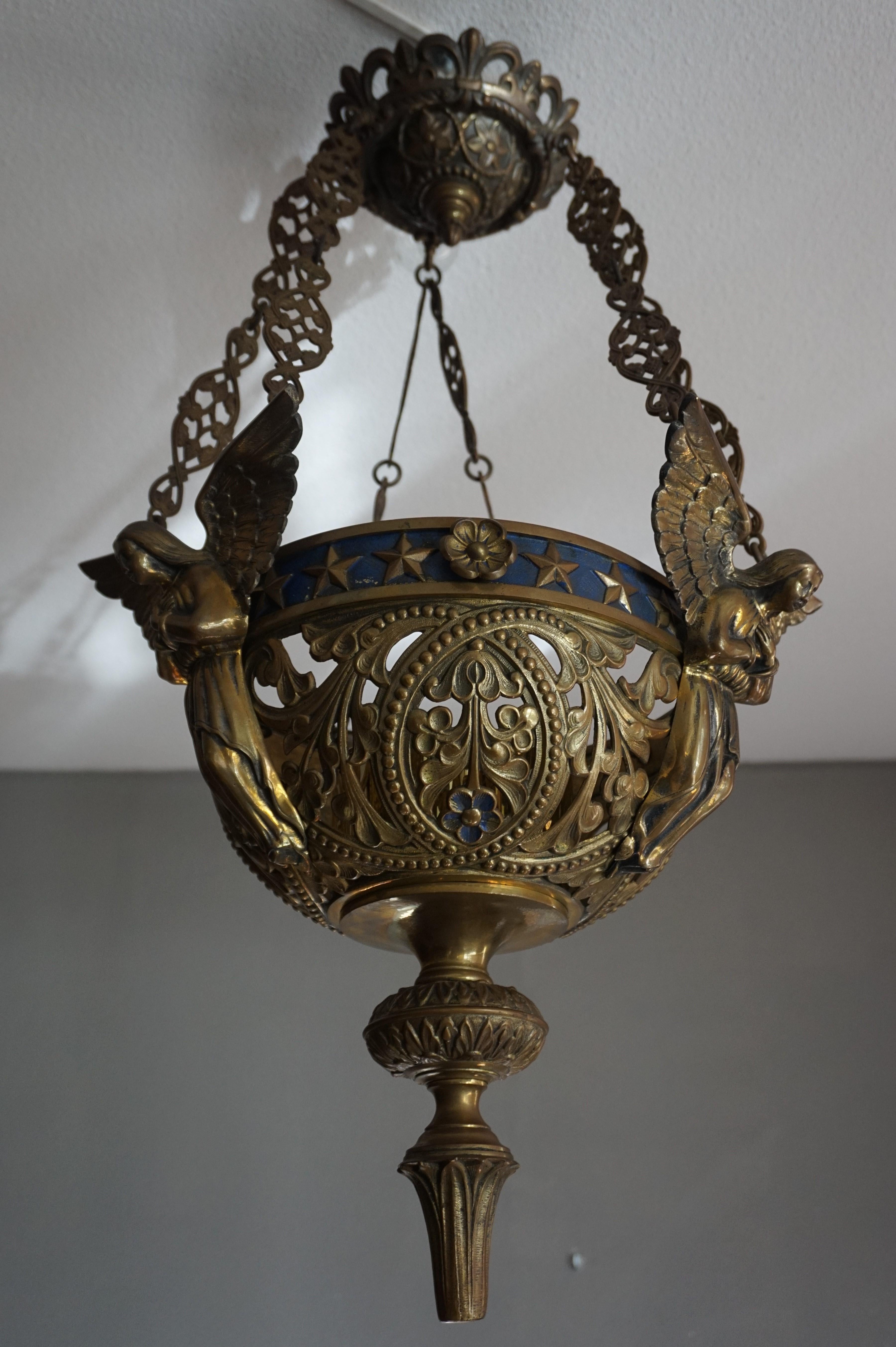 French Antique Bronze Gothic Sanctuary Lamp / Church Candle Pendant w. Angel Sculptures