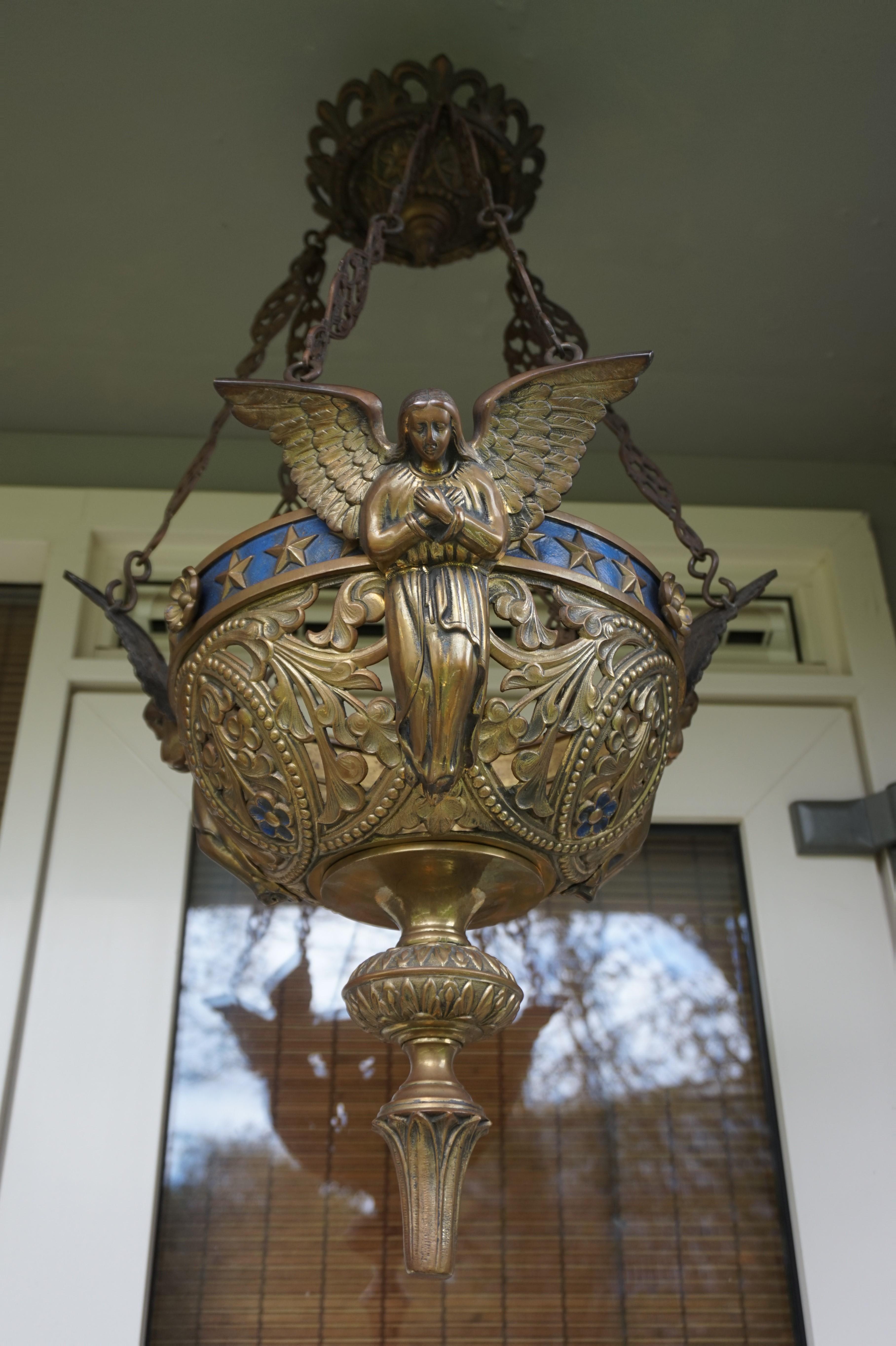 19th Century Antique Bronze Gothic Sanctuary Lamp / Church Candle Pendant w. Angel Sculptures