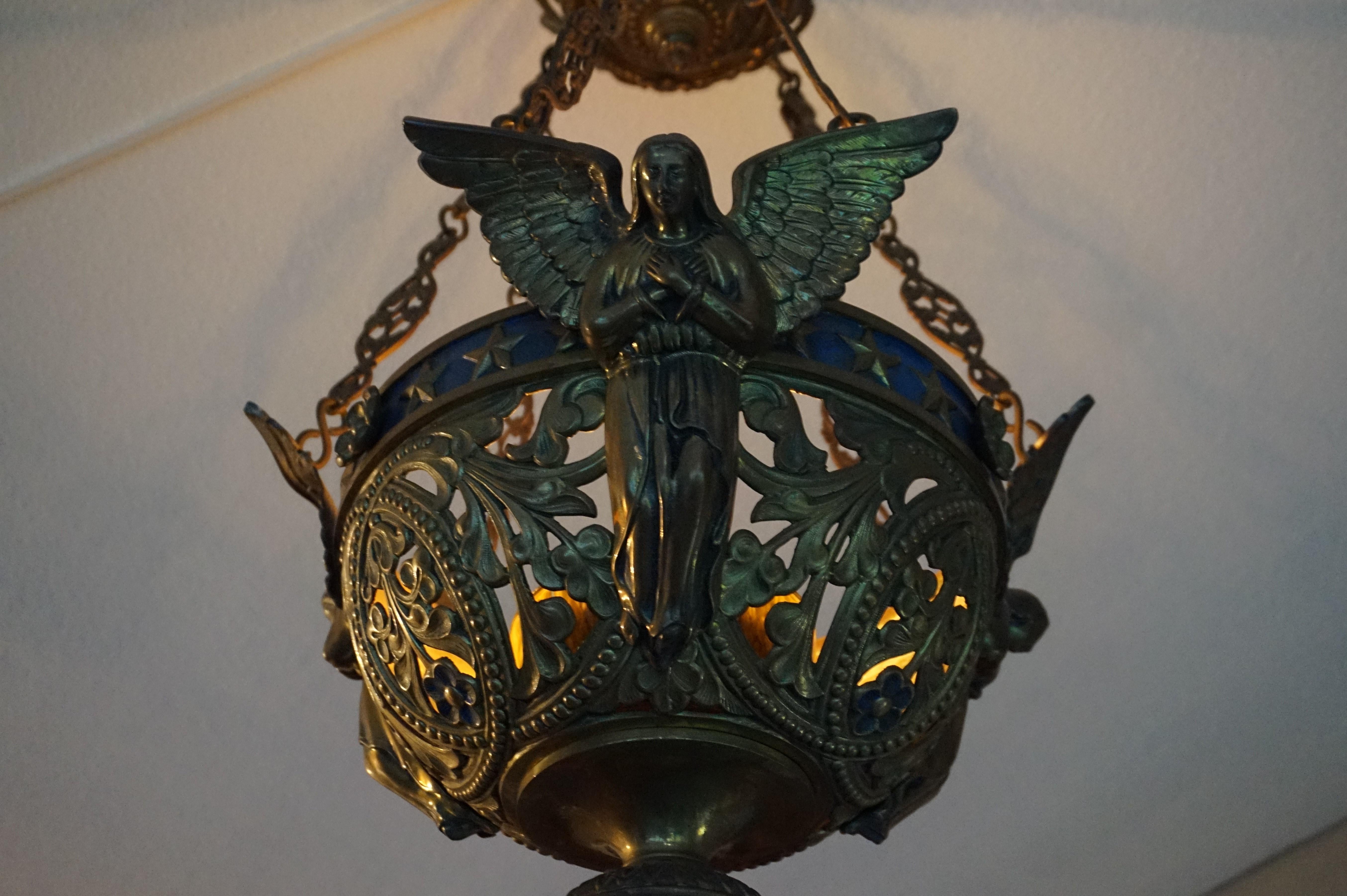 Antique Bronze Gothic Sanctuary Lamp / Church Candle Pendant w. Angel Sculptures 1