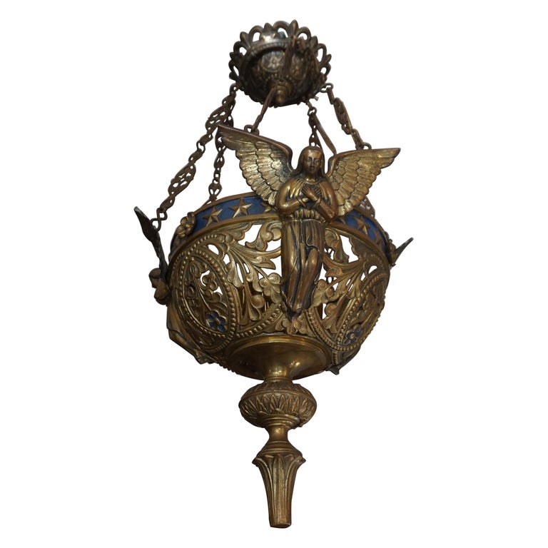 Antique Bronze Gothic Sanctuary Lamp / Church Candle Pendant w. Angel Sculptures
