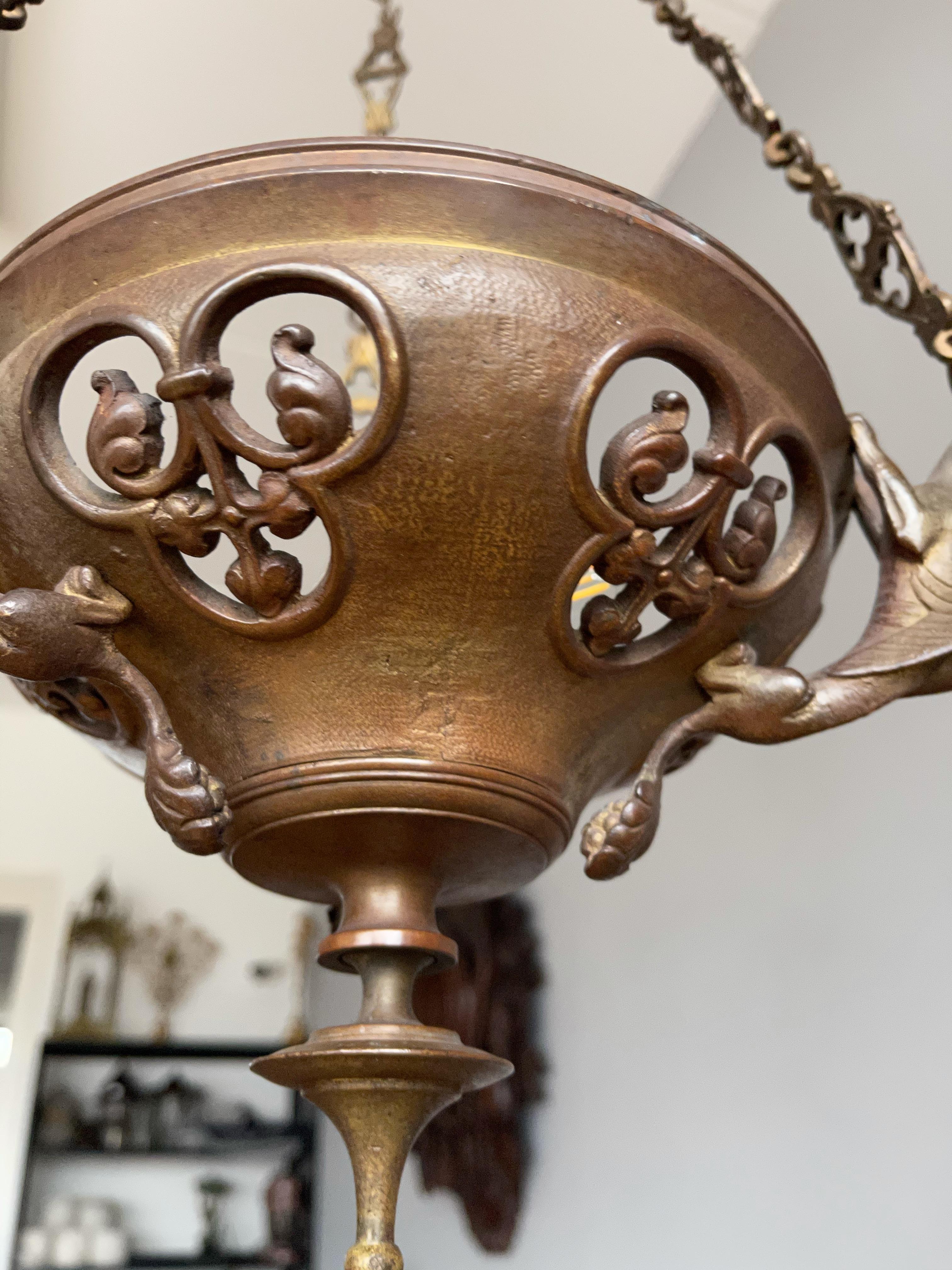 Antique Bronze Gothic Sanctuary Lamp / Church Pendant with Gargoyle Sculptures For Sale 3