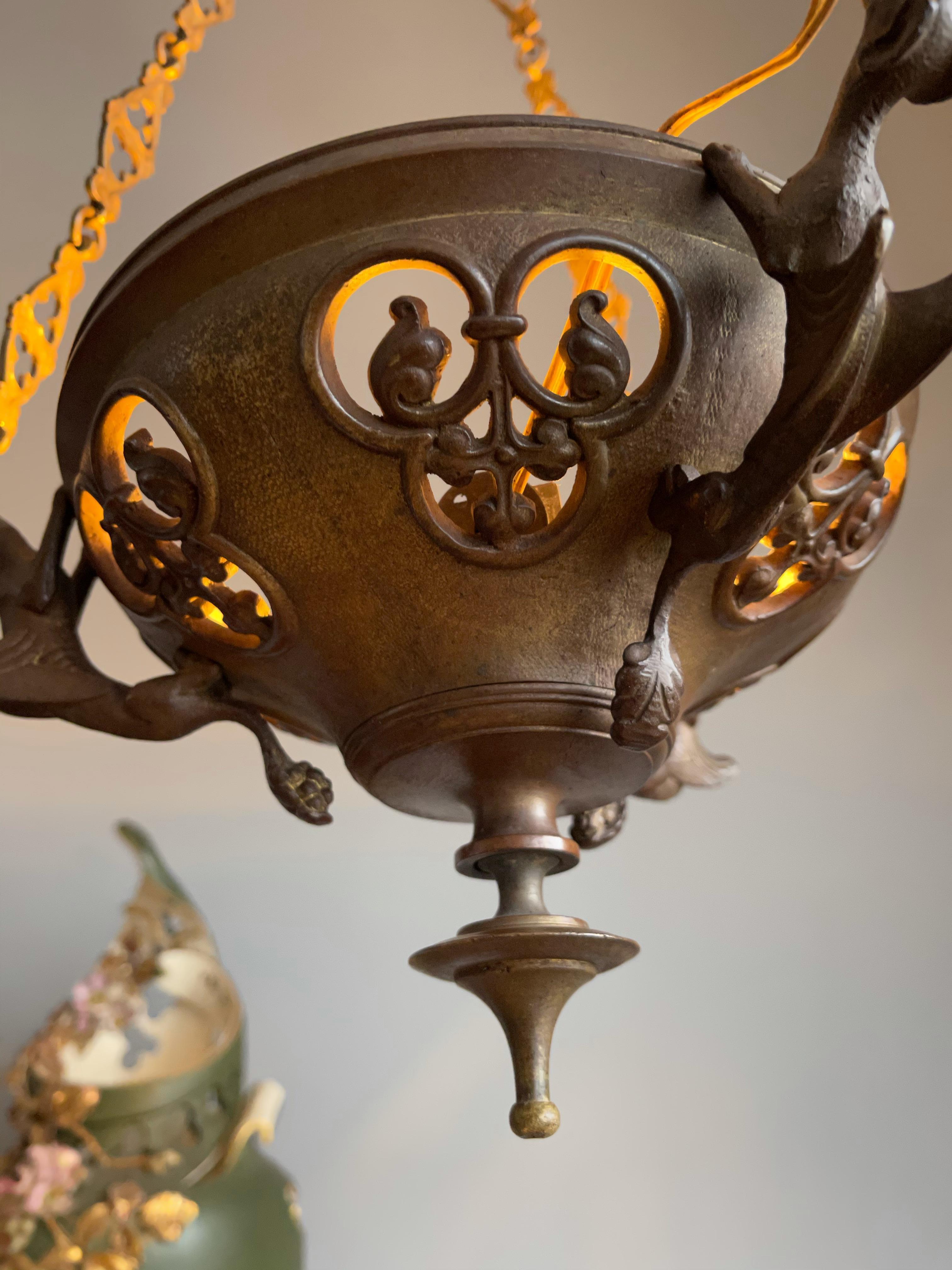 Antique Bronze Gothic Sanctuary Lamp / Church Pendant with Gargoyle Sculptures For Sale 7