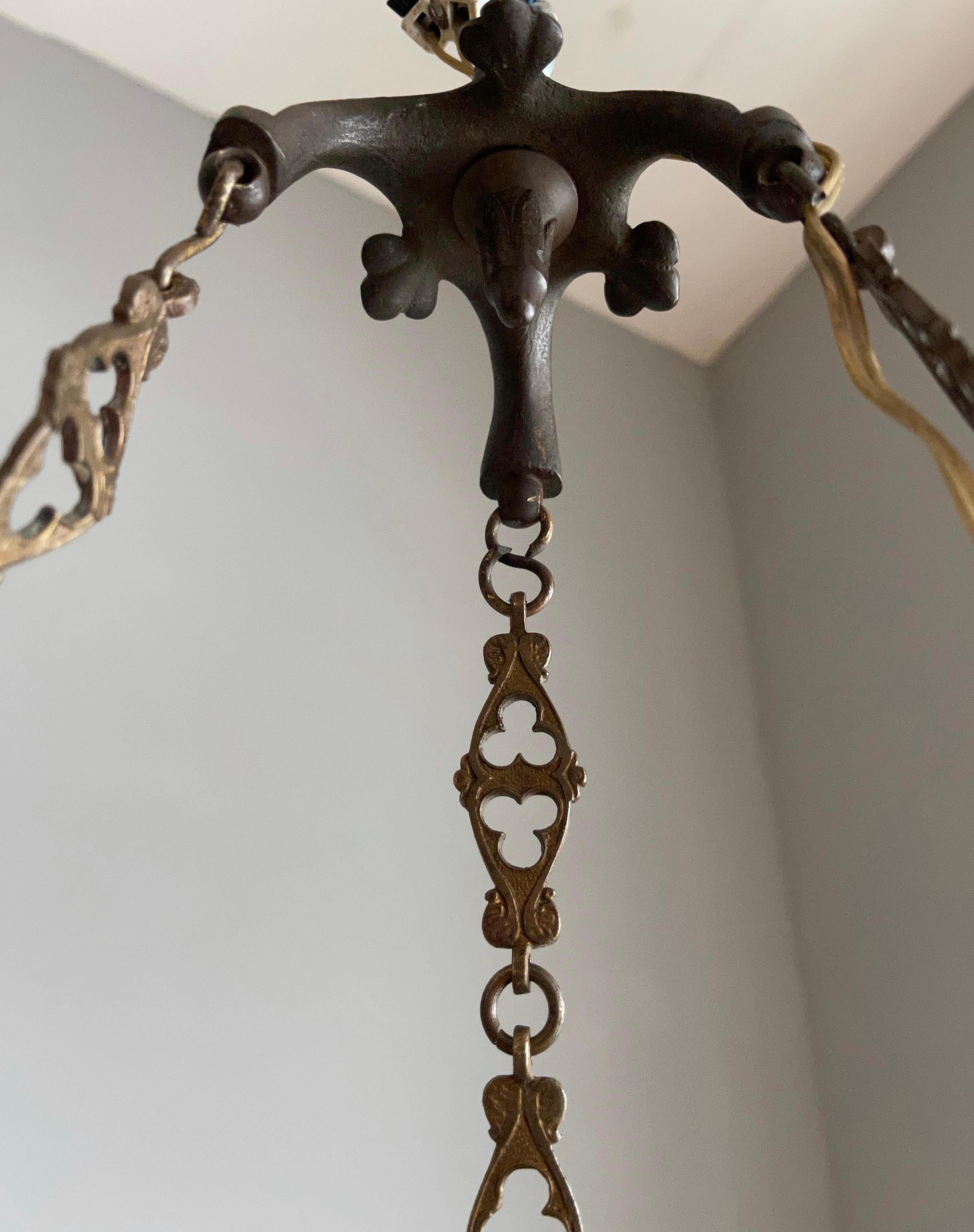 Antique Bronze Gothic Sanctuary Lamp / Church Pendant with Gargoyle Sculptures For Sale 10