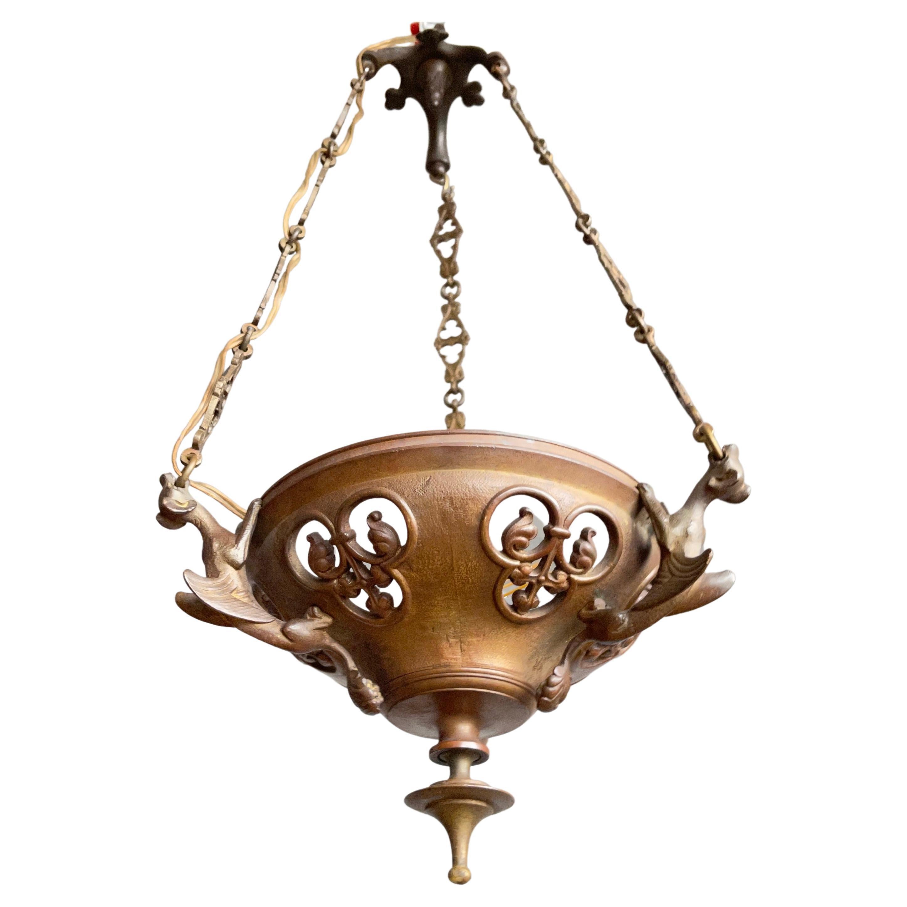 Antique Bronze Gothic Sanctuary Lamp / Church Pendant with Gargoyle Sculptures For Sale