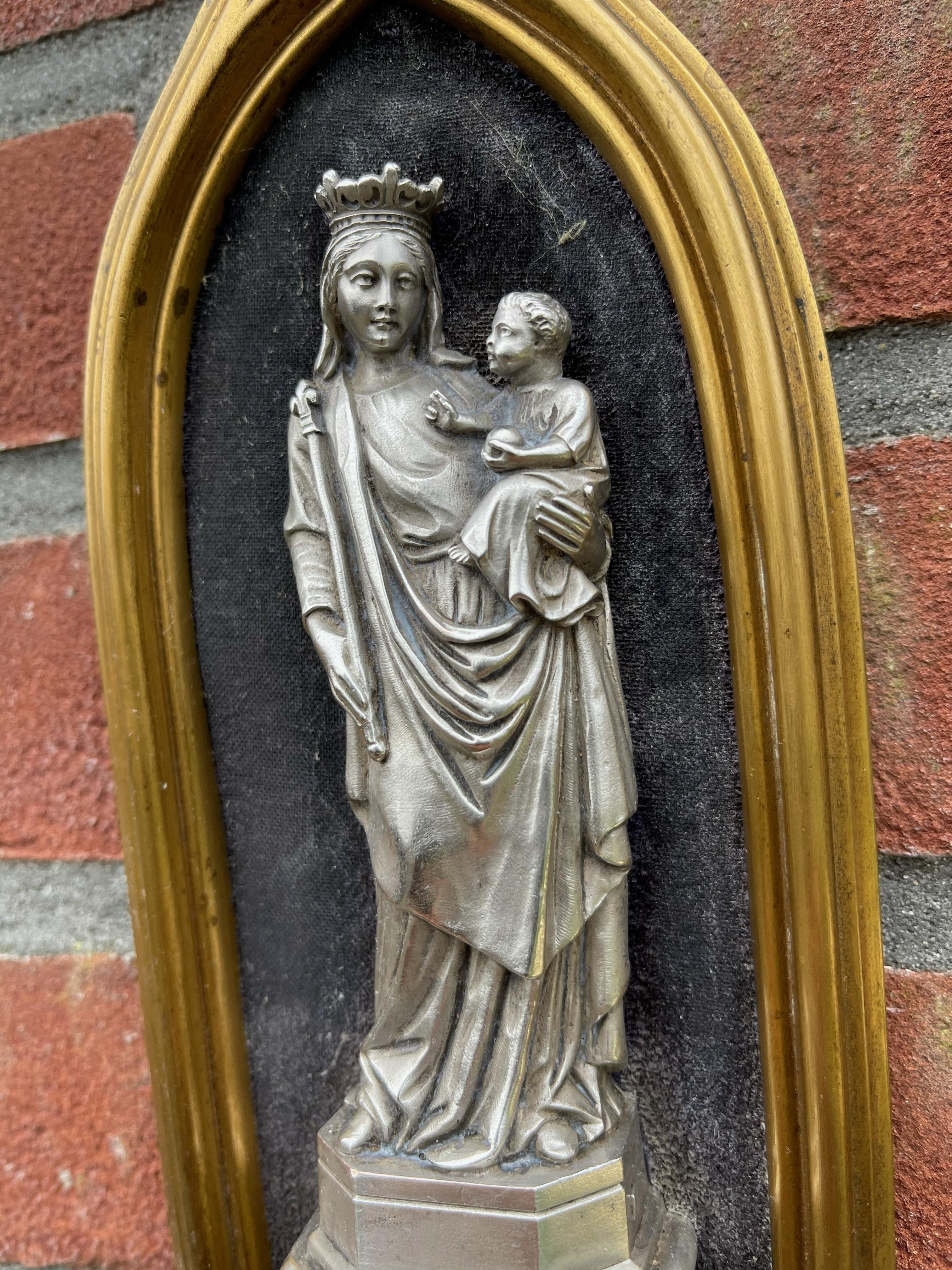 Gothic Revival Antique Bronze Gothic Wall Chapel w. Silver Mary & Child Sculpture & Water Font