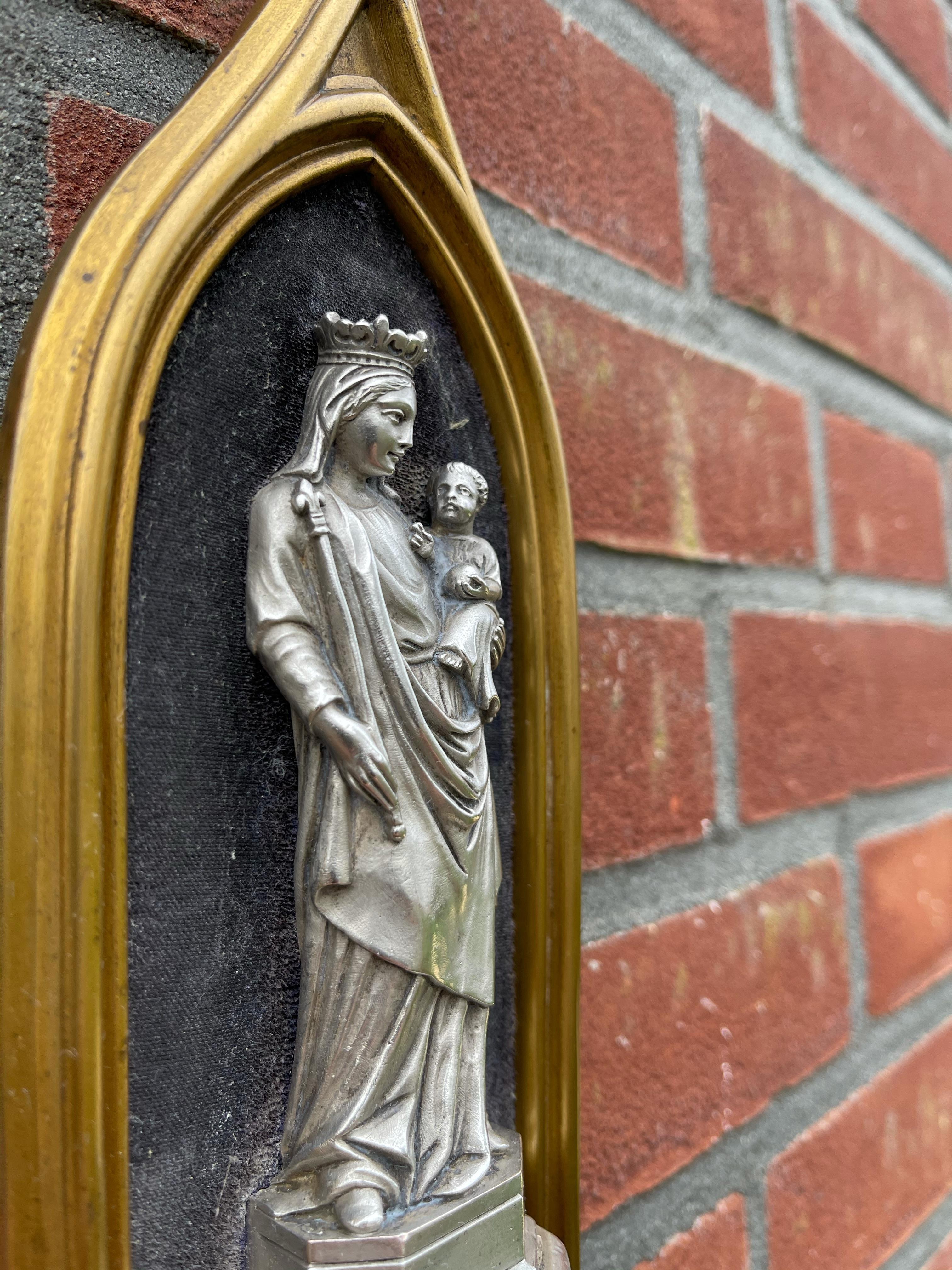 20th Century Antique Bronze Gothic Wall Chapel w. Silver Mary & Child Sculpture & Water Font