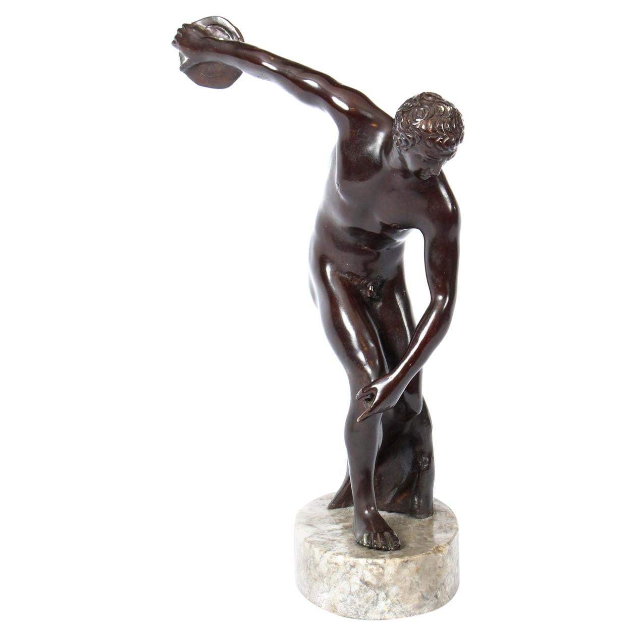Antique Bronze Grand Tour Sculpture Discus Thrower Athlete, 19th Century
