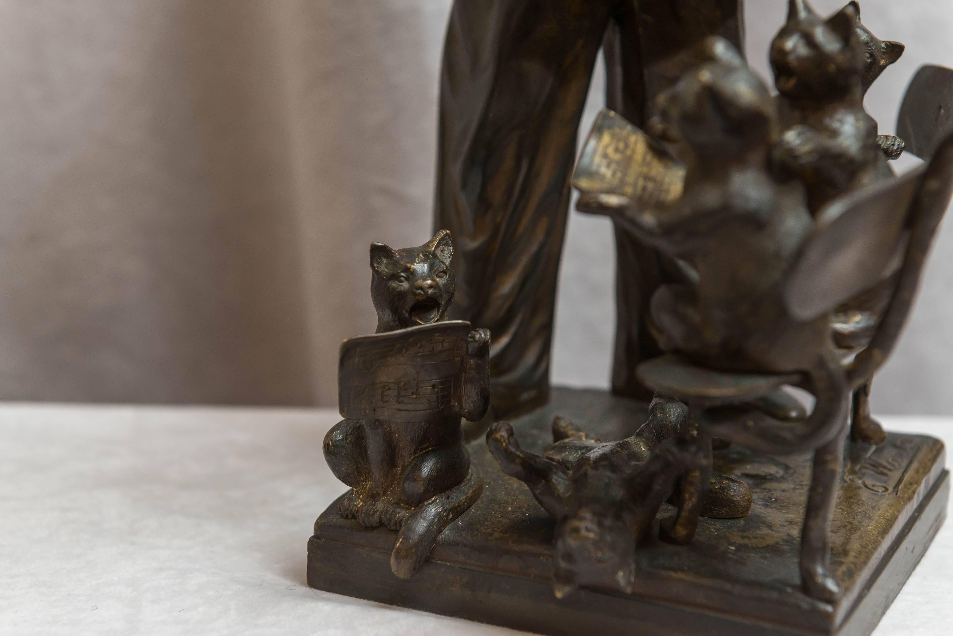 French  Antique Bronze Grouping of a Pierrot Conducting Several Kitty Cats