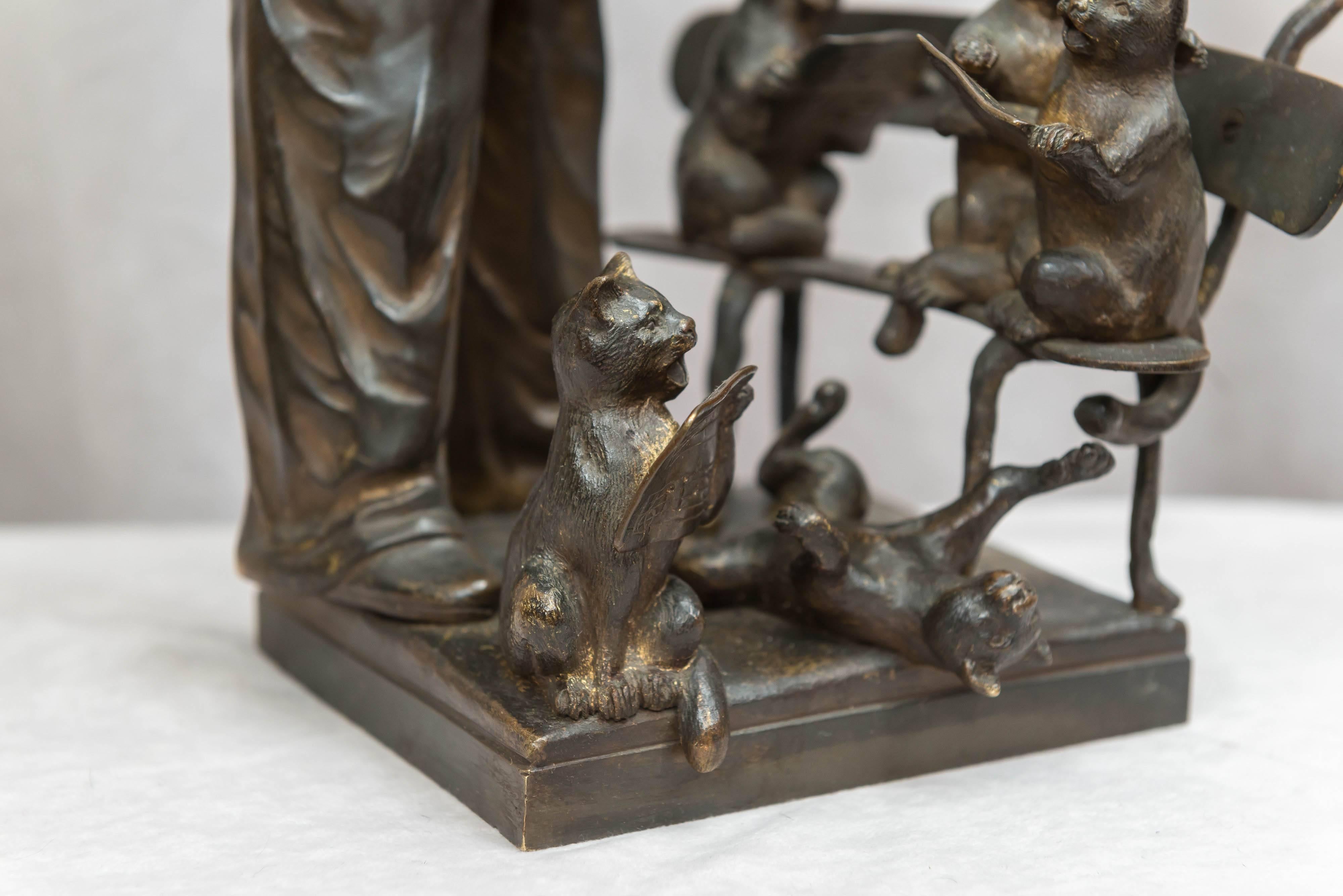  Antique Bronze Grouping of a Pierrot Conducting Several Kitty Cats In Good Condition In Petaluma, CA