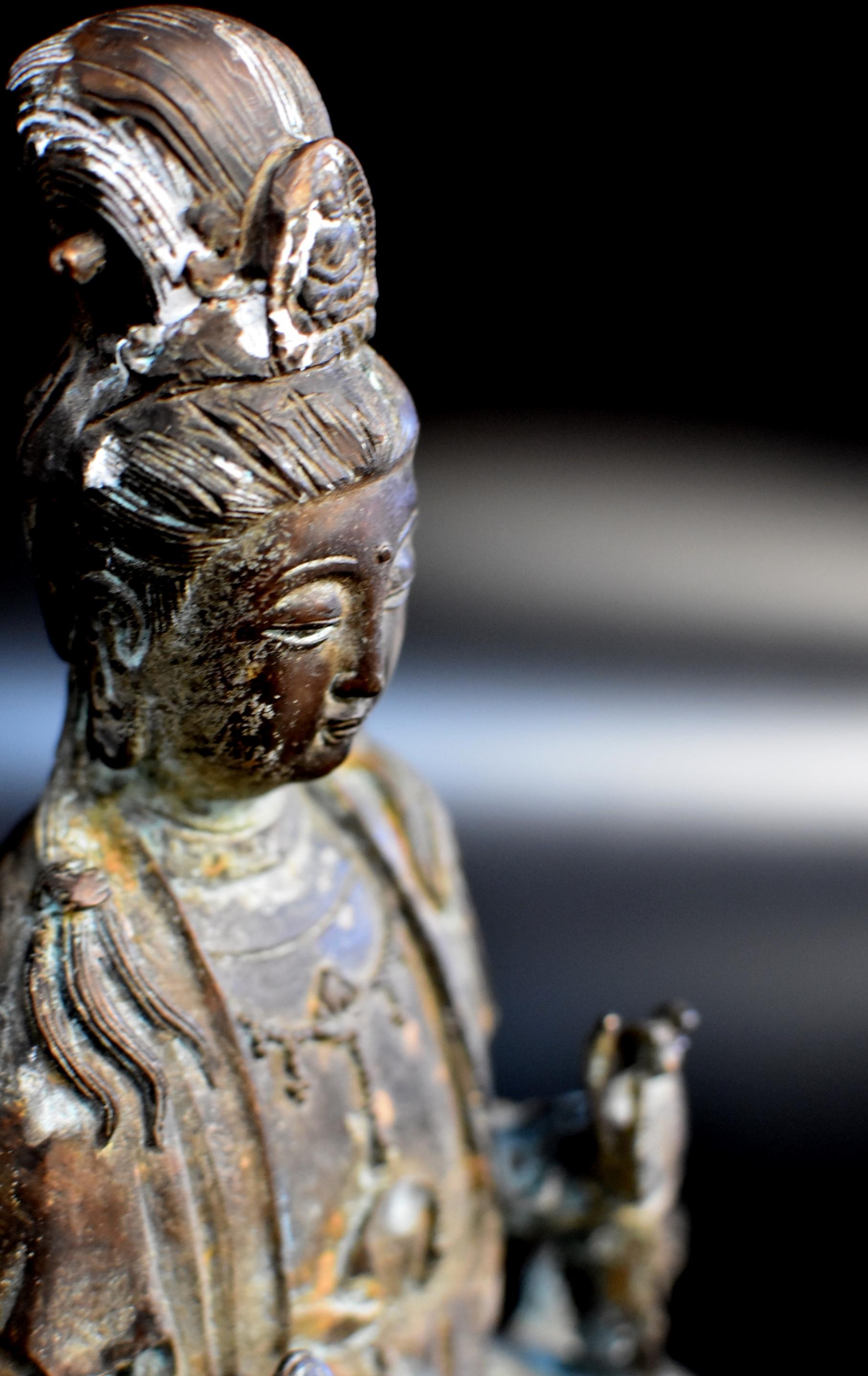 Antique Bronze Guan Yin Buddha Statue on Foo Dog 3