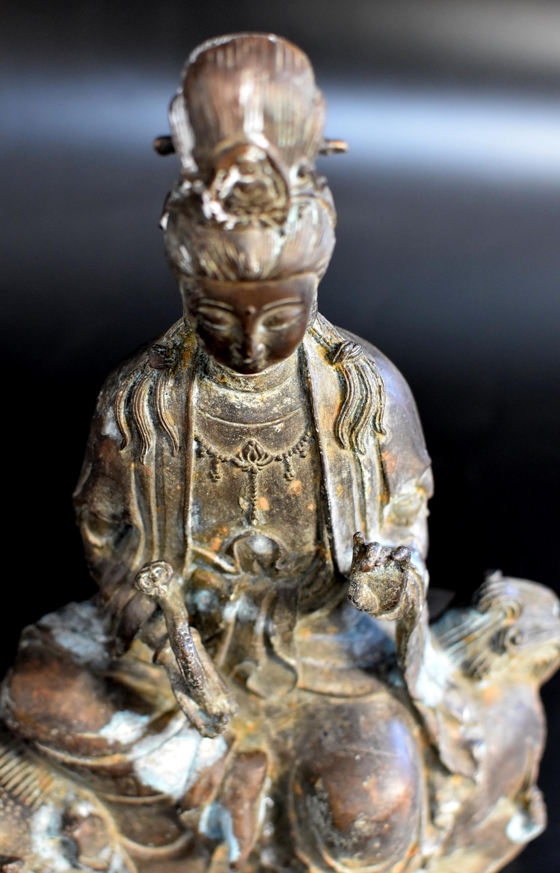 Antique Bronze Guan Yin Buddha Statue on Foo Dog 10