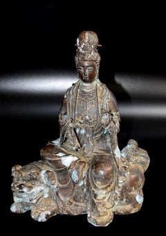 Antique Bronze Guan Yin Buddha Statue on Foo Dog
