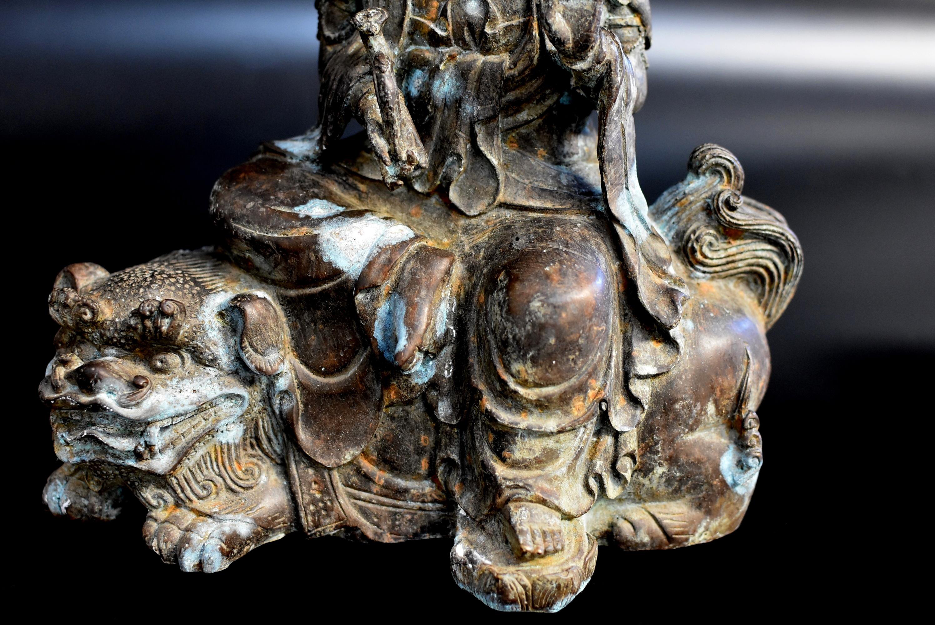 19th Century Antique Bronze Guan Yin Buddha Statue on Foo Dog