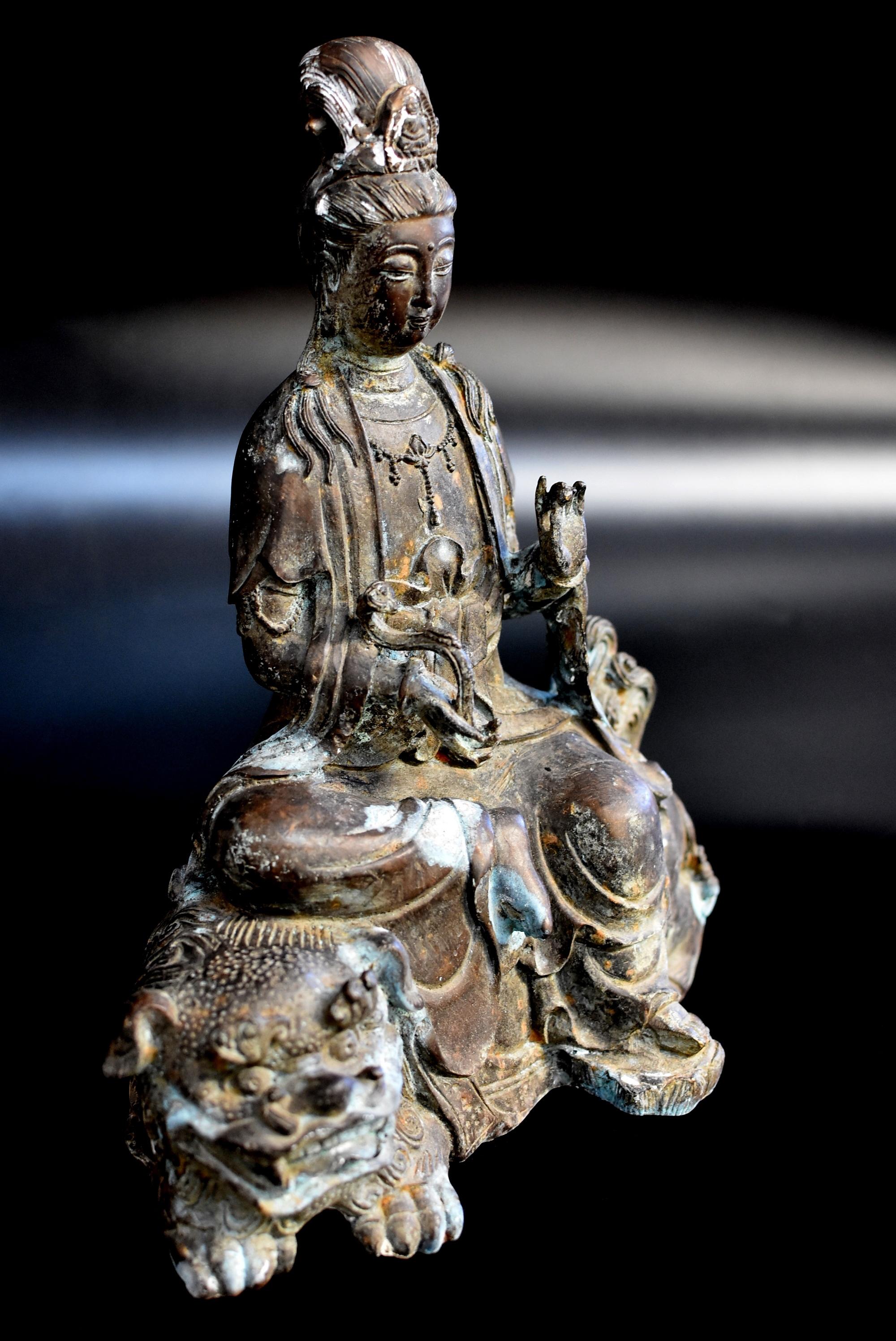 Antique Bronze Guan Yin Buddha Statue on Foo Dog 1