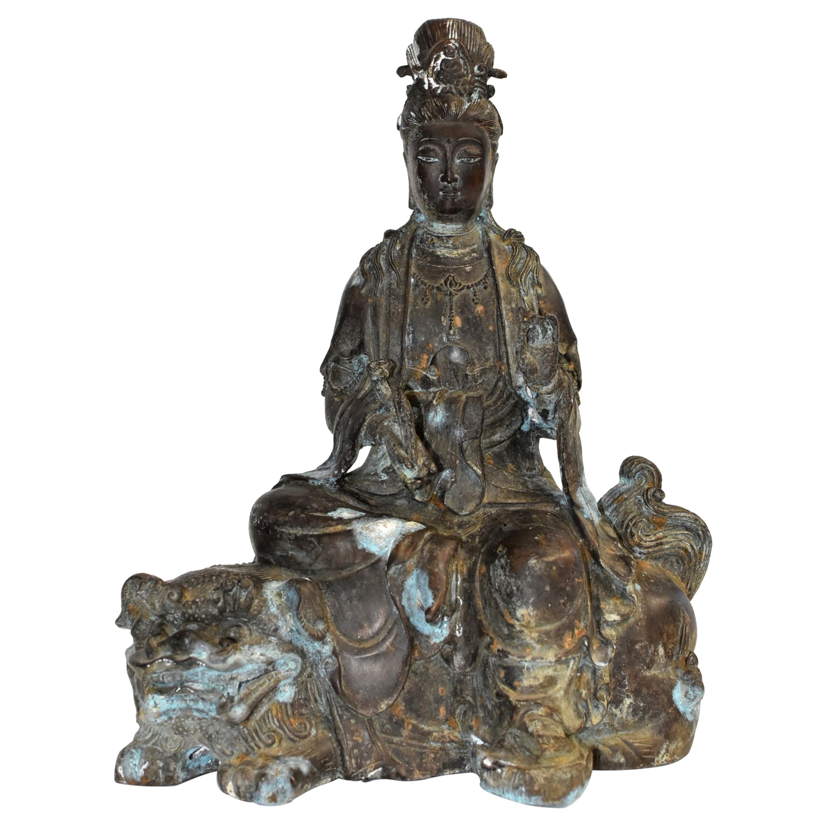 Antique Bronze Guan Yin Buddha Statue on Foo Dog