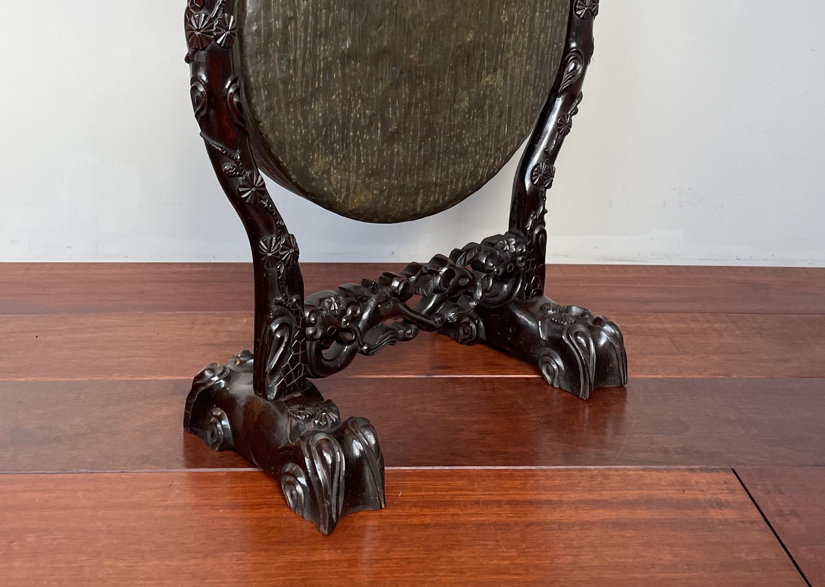 Antique Bronze & Hand Carved Wood Chinese Floor or Table Gong w. Bird Sculpture  For Sale 8