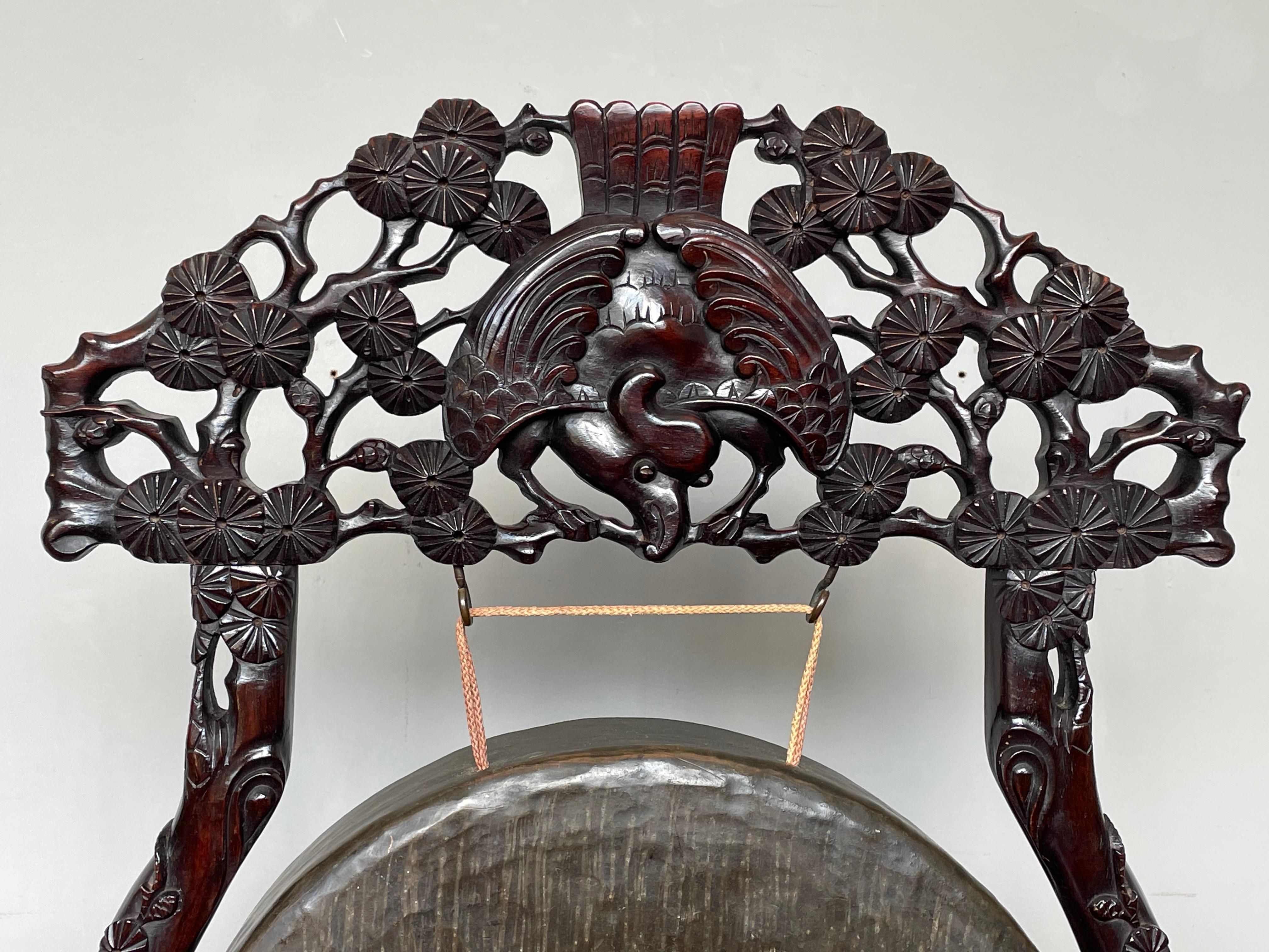 Chinese Export Antique Bronze & Hand Carved Wood Chinese Floor or Table Gong w. Bird Sculpture  For Sale