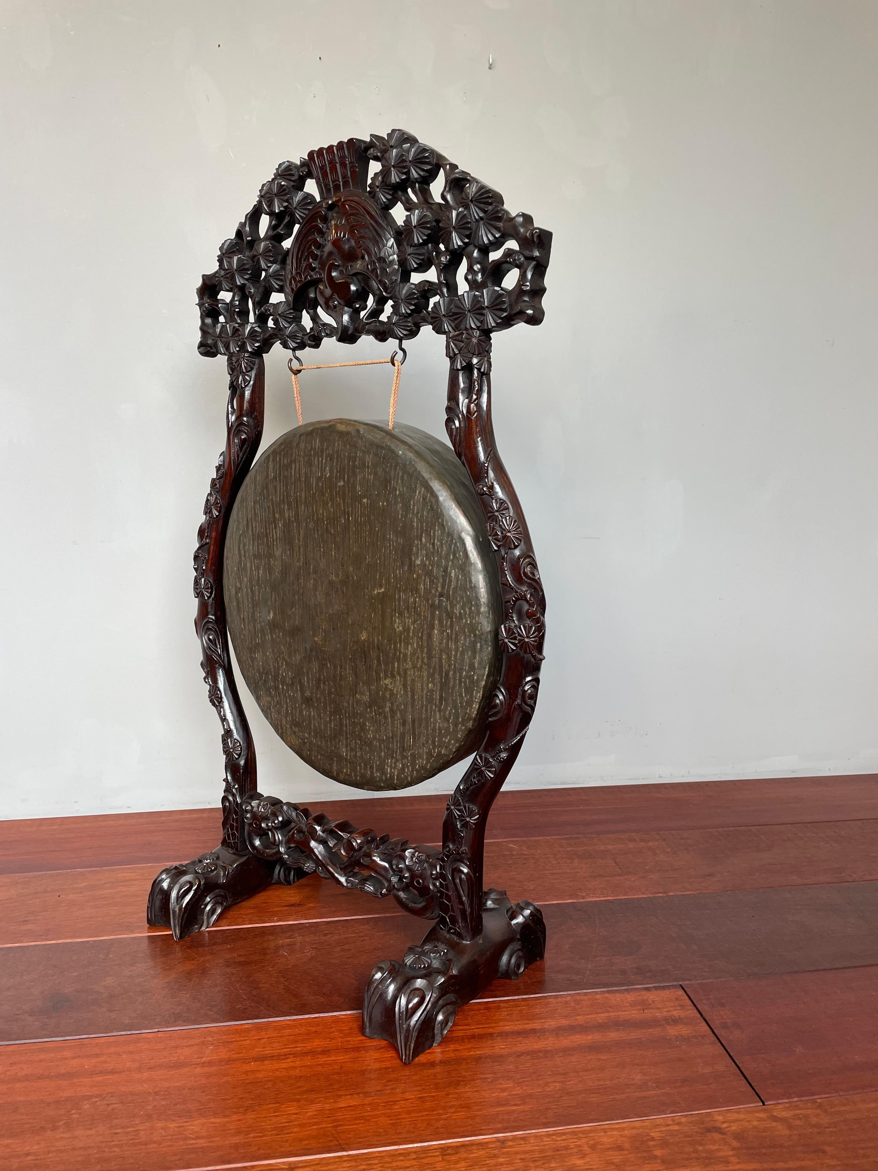 Patinated Antique Bronze & Hand Carved Wood Chinese Floor or Table Gong w. Bird Sculpture  For Sale