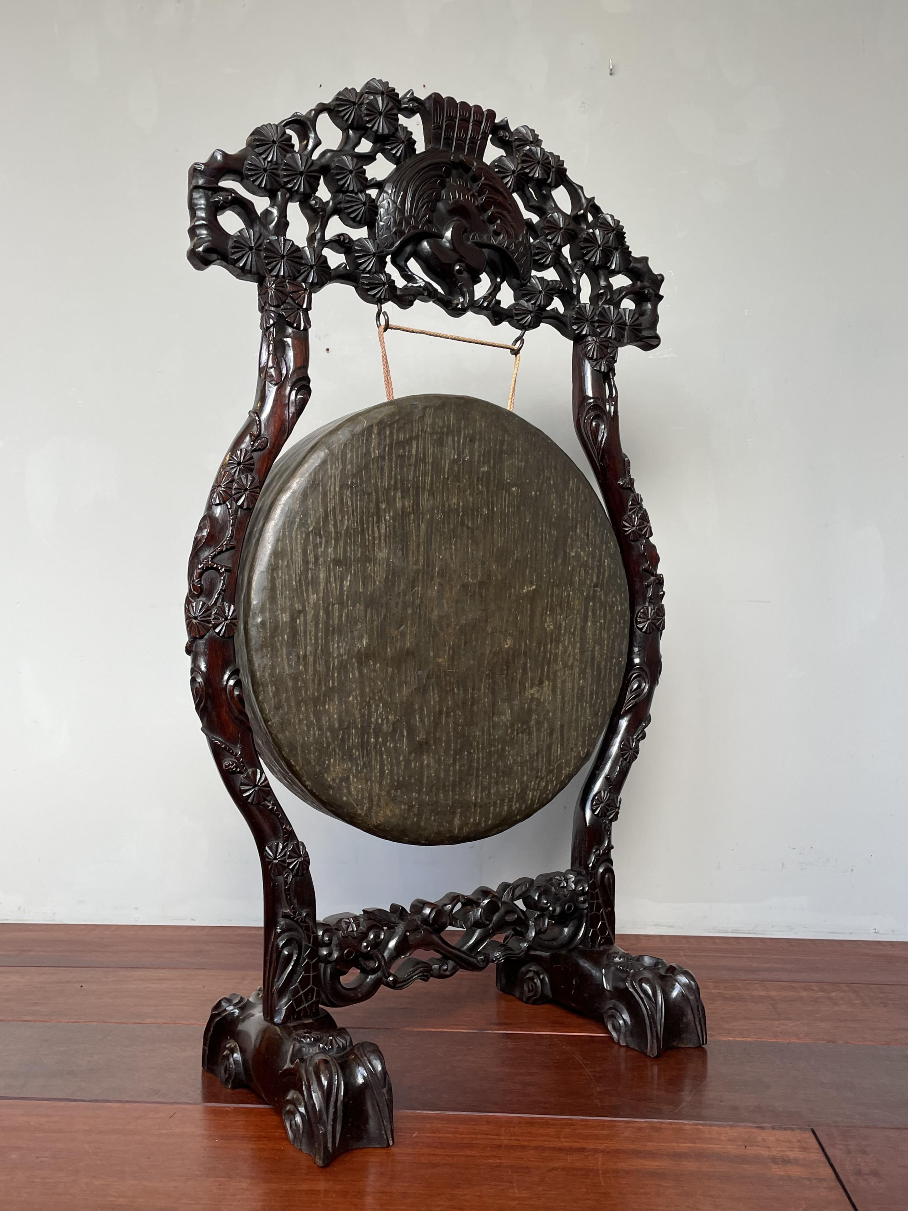 19th Century Antique Bronze & Hand Carved Wood Chinese Floor or Table Gong w. Bird Sculpture  For Sale
