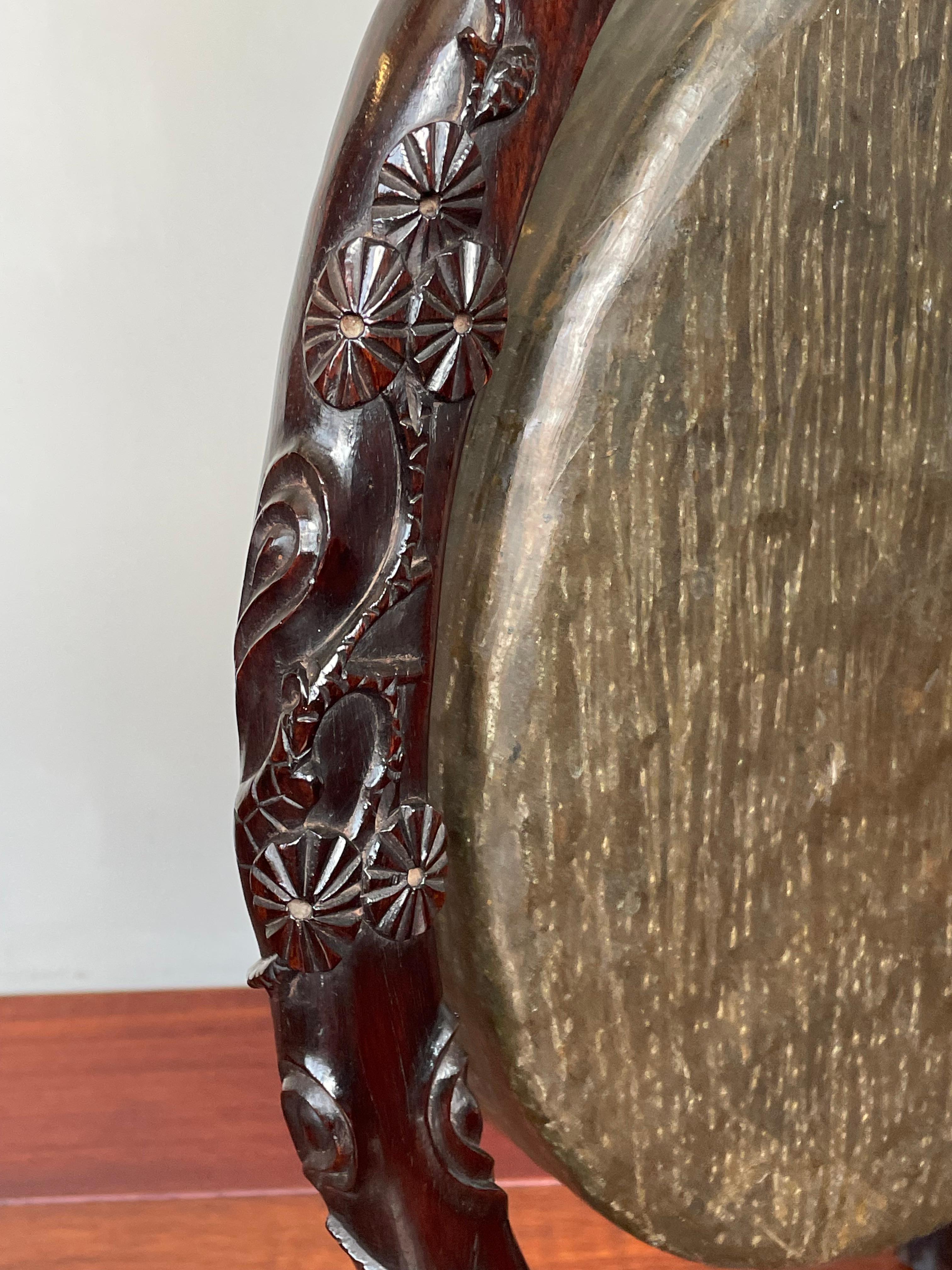 Cotton Antique Bronze & Hand Carved Wood Chinese Floor or Table Gong w. Bird Sculpture  For Sale