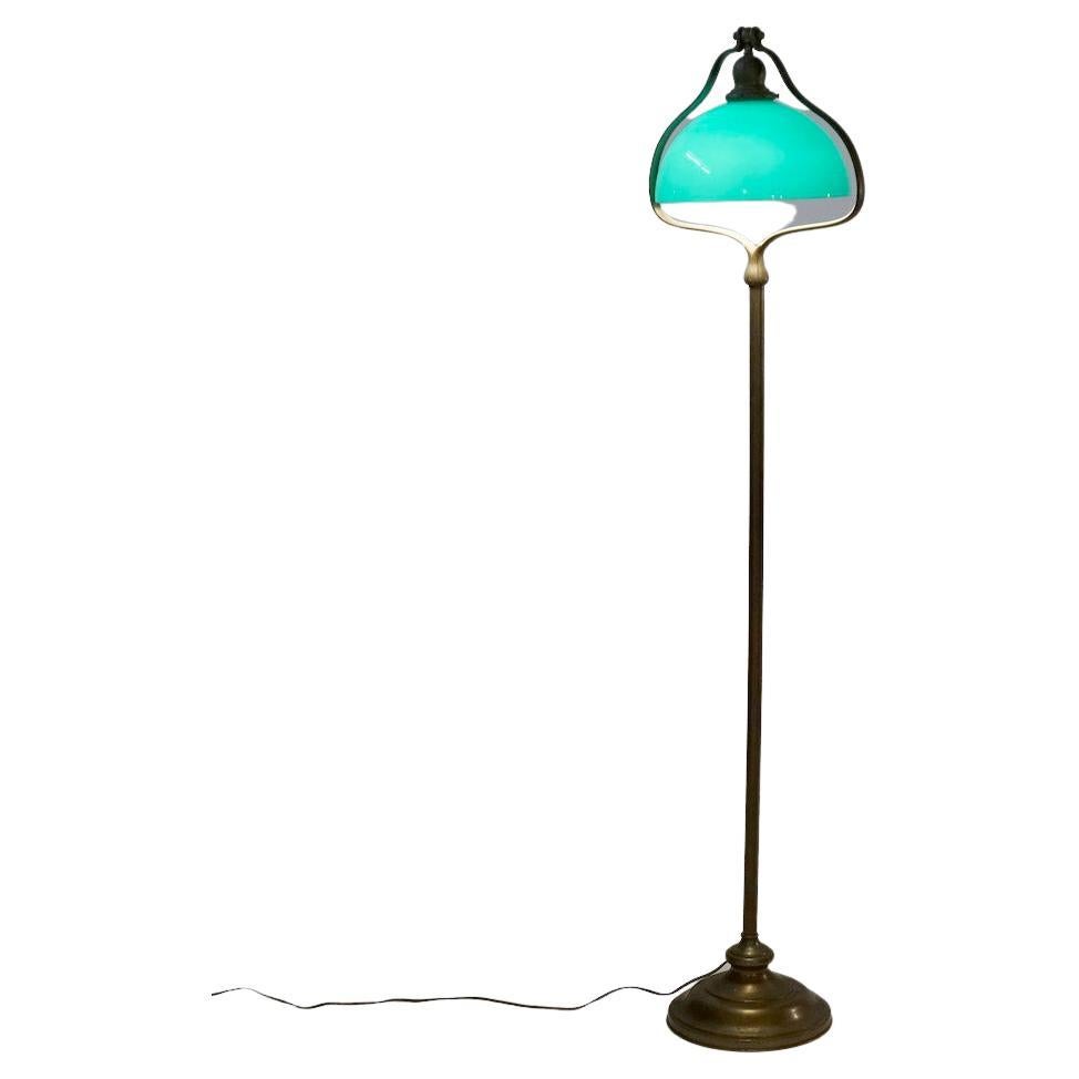Arts and Crafts Antique Bronze Handel Harp Floor Lamp with Green Cased Glass Shade Circa 1920