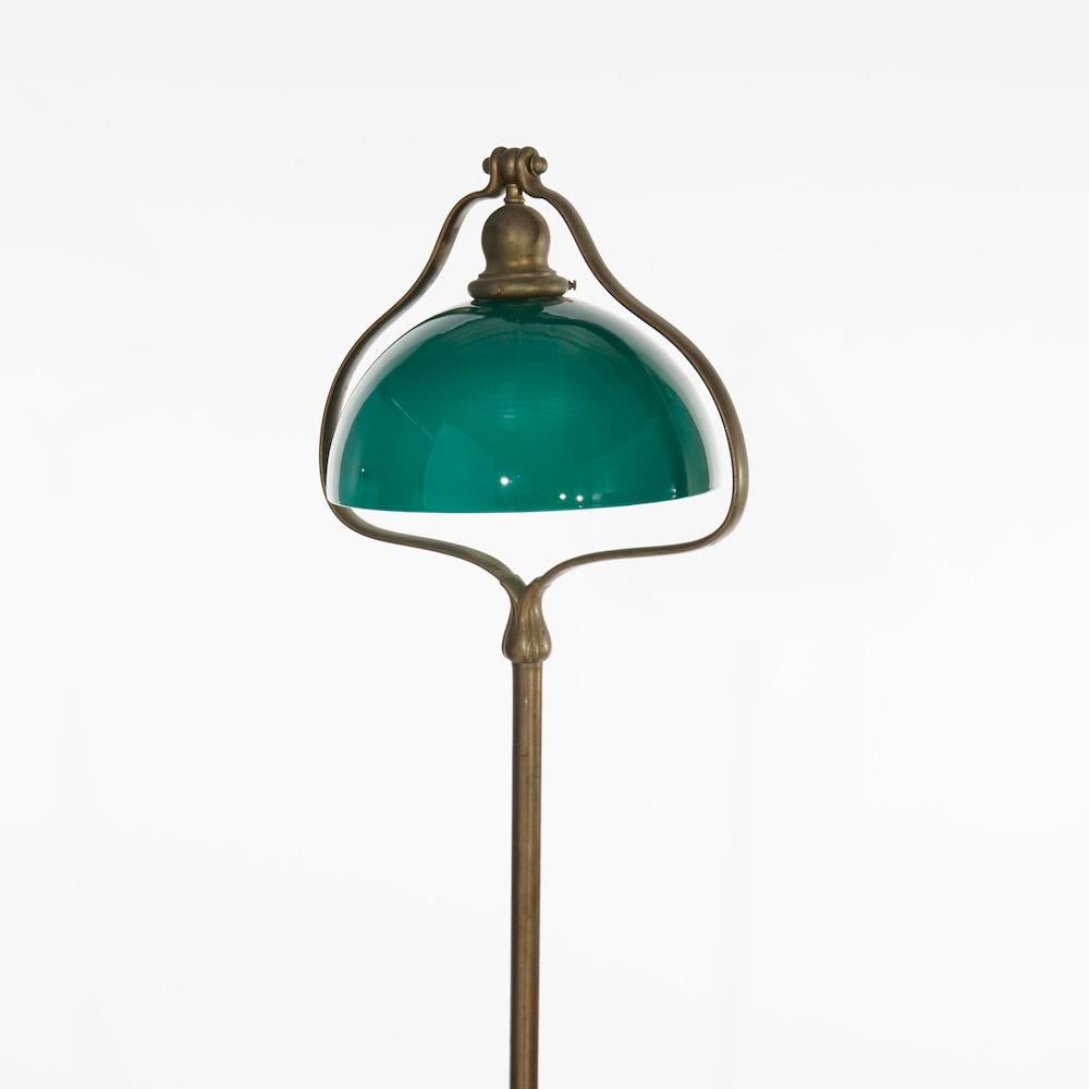 Antique Bronze Handel Harp Floor Lamp with Green Cased Glass Shade Circa 1920 In Good Condition In Big Flats, NY