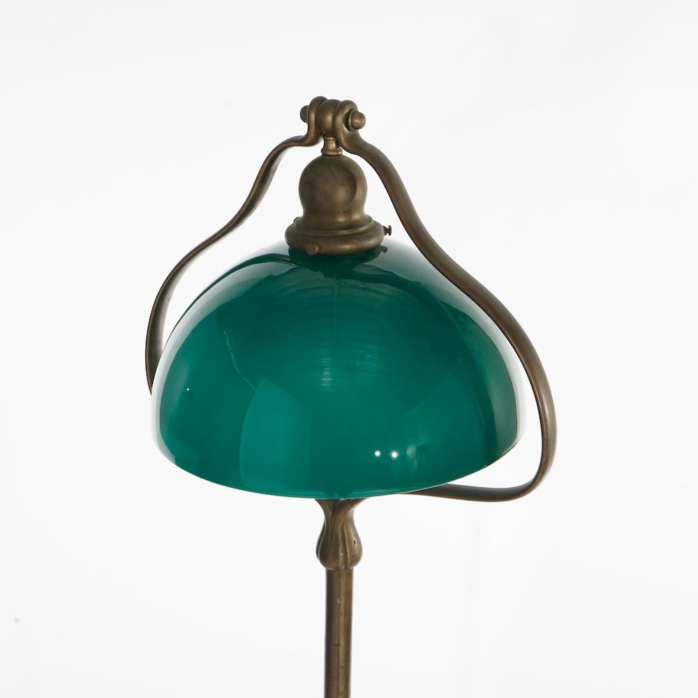 20th Century Antique Bronze Handel Harp Floor Lamp with Green Cased Glass Shade Circa 1920