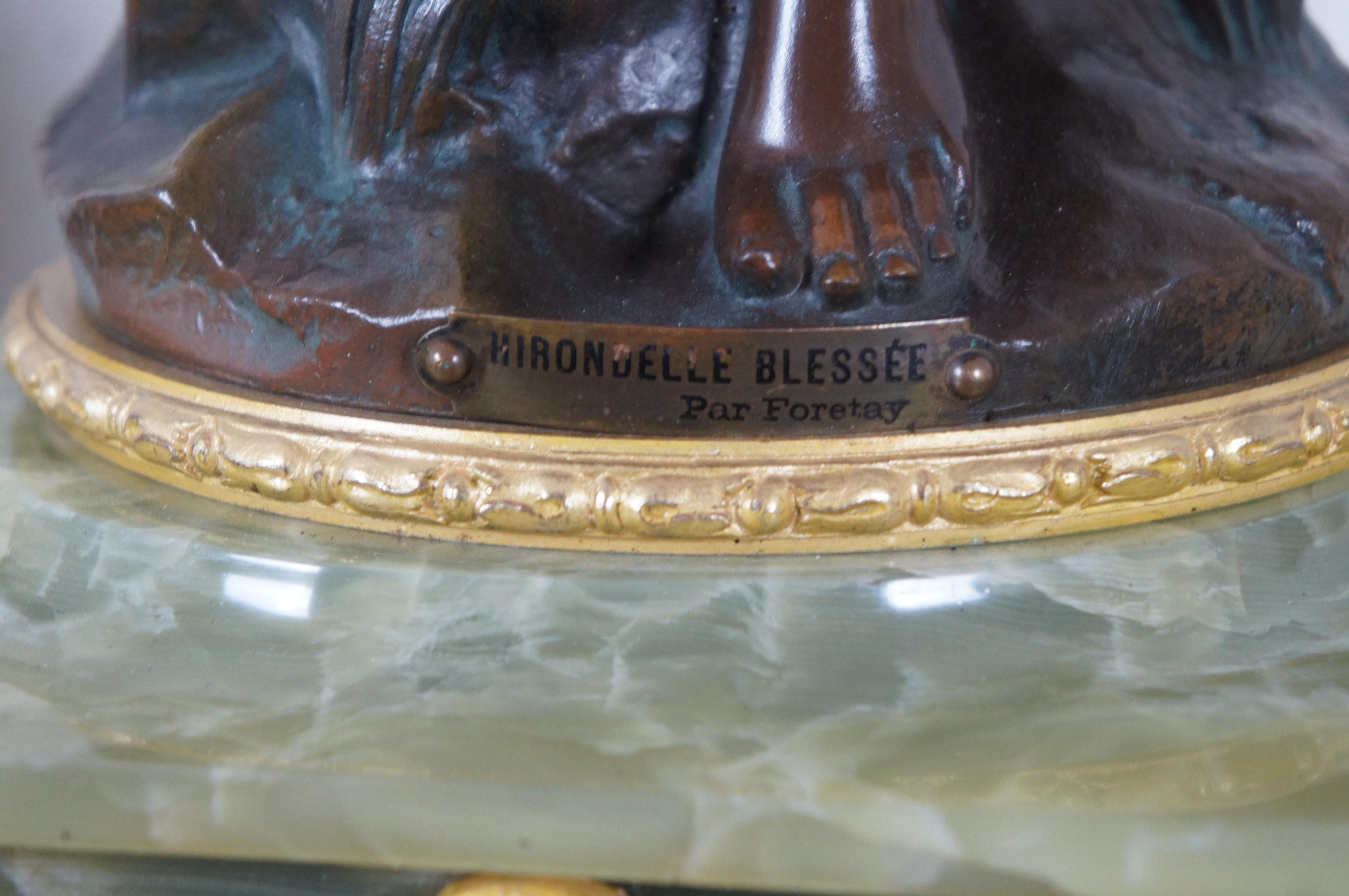 Antique Bronze Hirondelle Blessee Alfred Foretay Garniture Mantel Clock & Urns For Sale 3