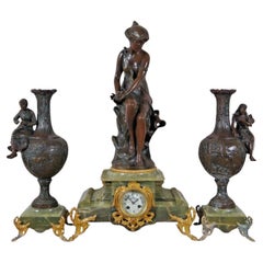 Antique Bronze Hirondelle Blessee Alfred Foretay Garniture Mantel Clock & Urns