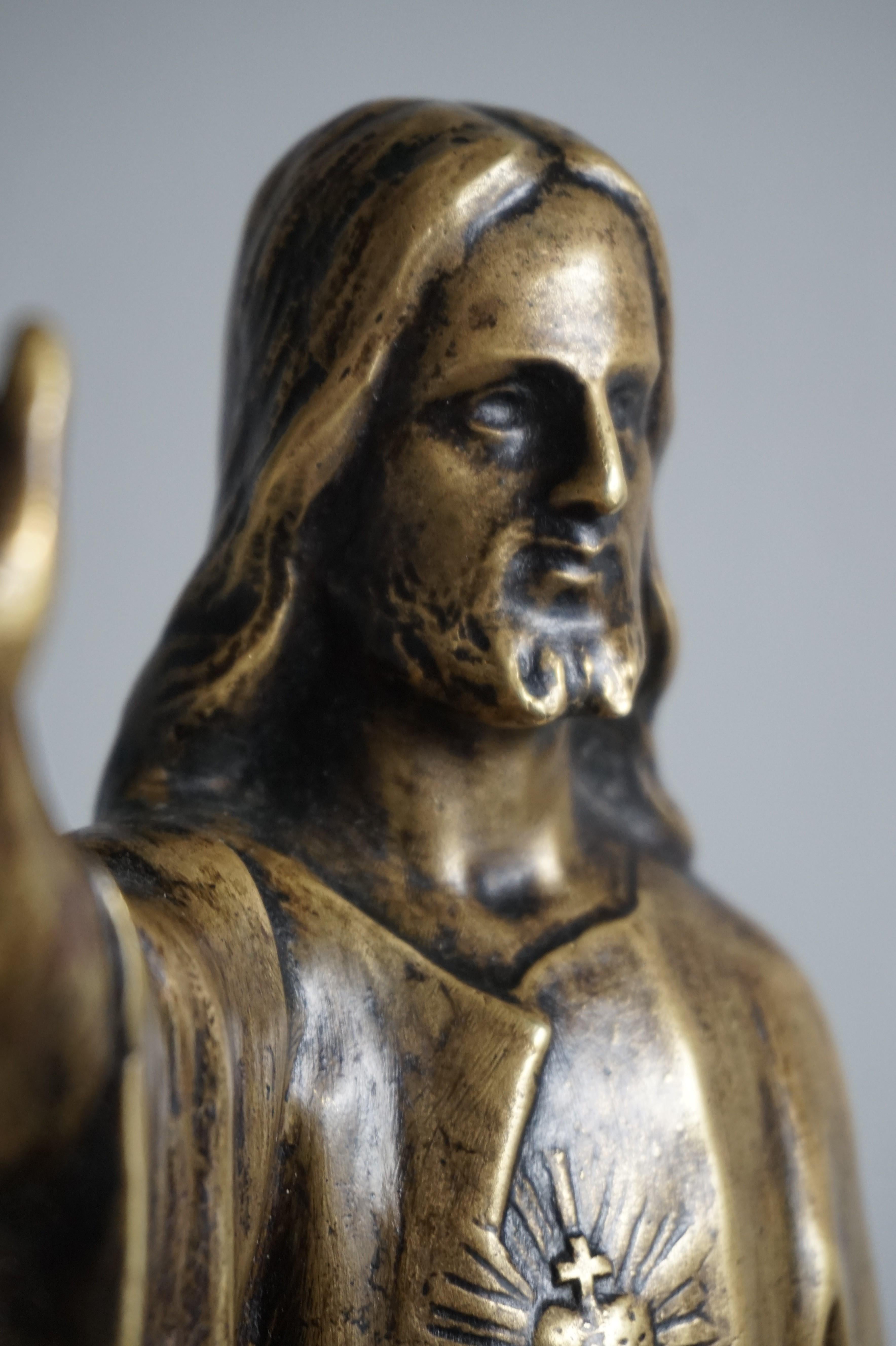European Antique Bronze Sacred Heart Sculpture / Statuette of Christ Holding a Scepter For Sale